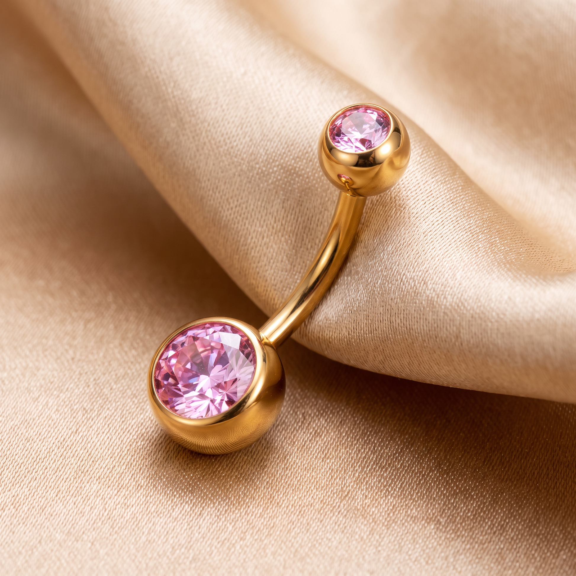Color Gem colored belly button ring in gold pink on champagne satin — G23 titanium 14G