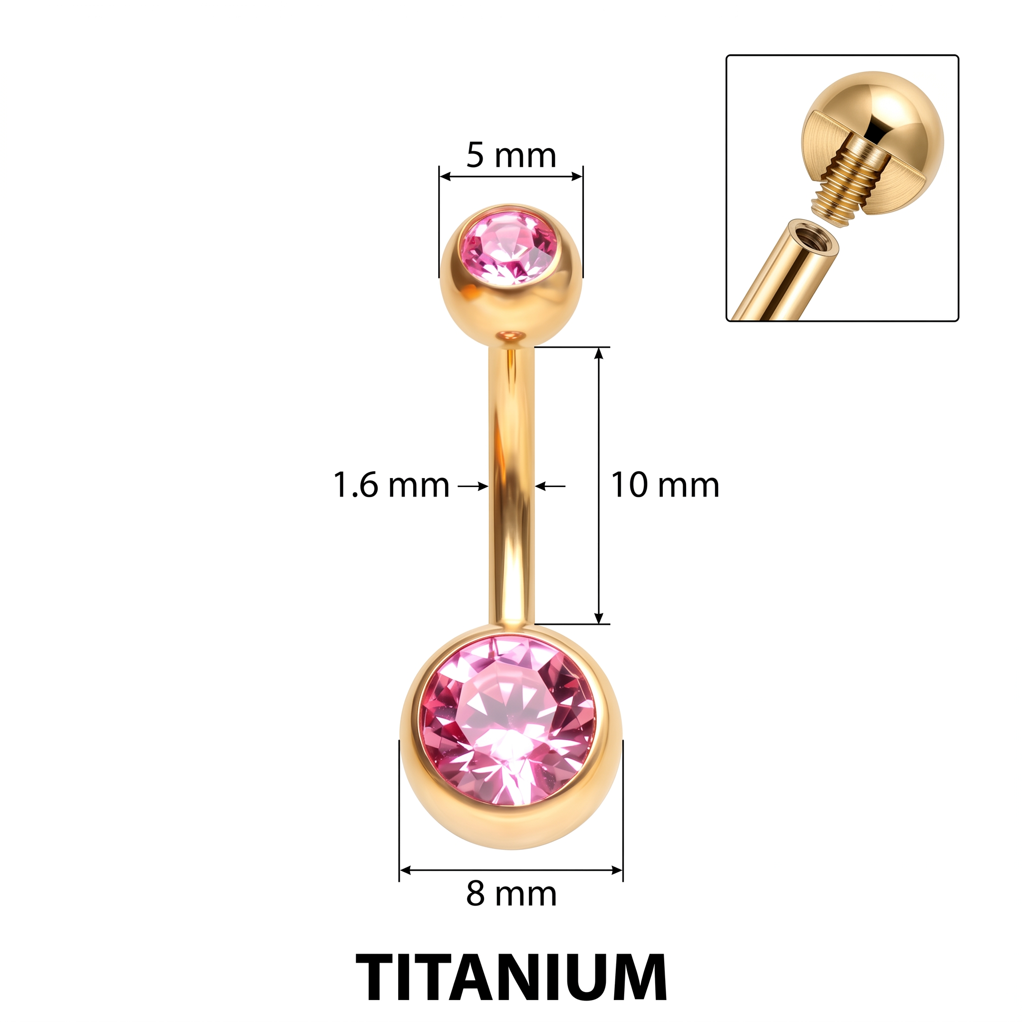 Color Gem colored belly button ring size chart — gold pink, 14G 1.6 mm titanium