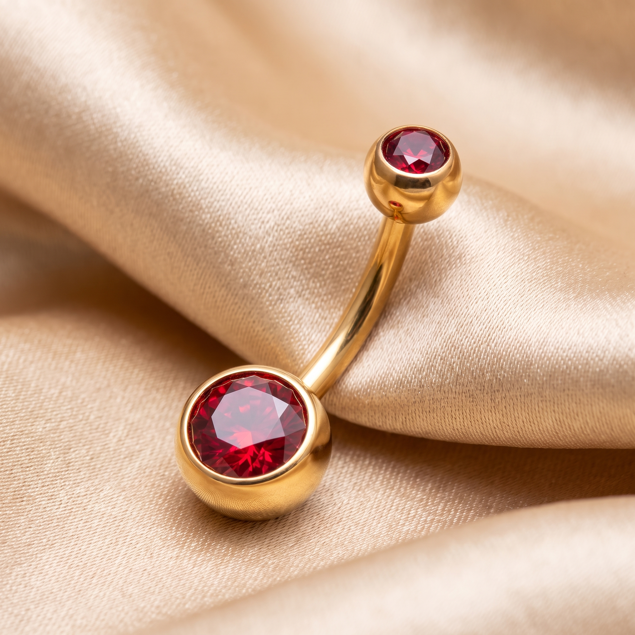 Color Gem colored belly button ring in gold red on champagne satin — G23 titanium 14G