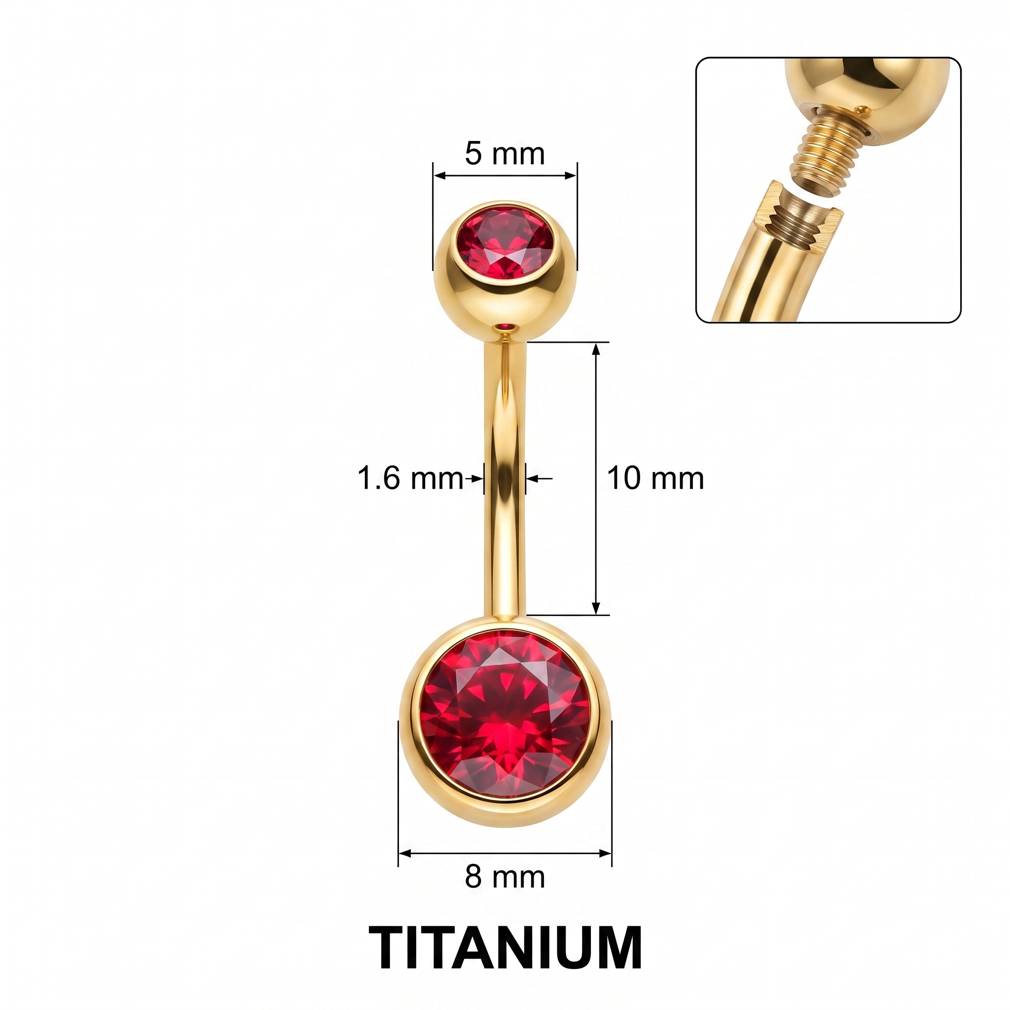 Color Gem colored belly button ring size chart — gold red, 14G 1.6 mm titanium