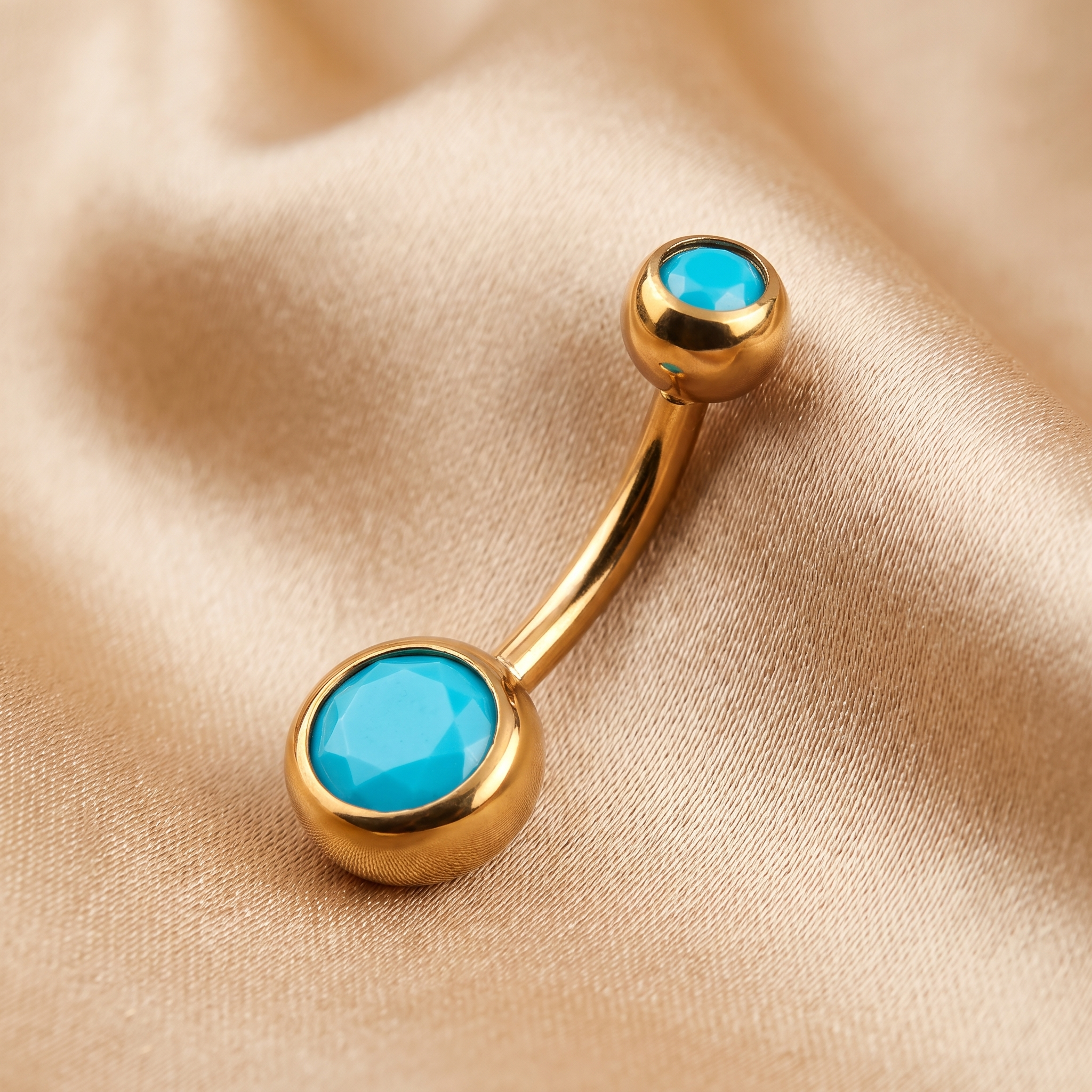 Color Gem colored belly button ring in gold turquoise on champagne satin — G23 titanium 14G