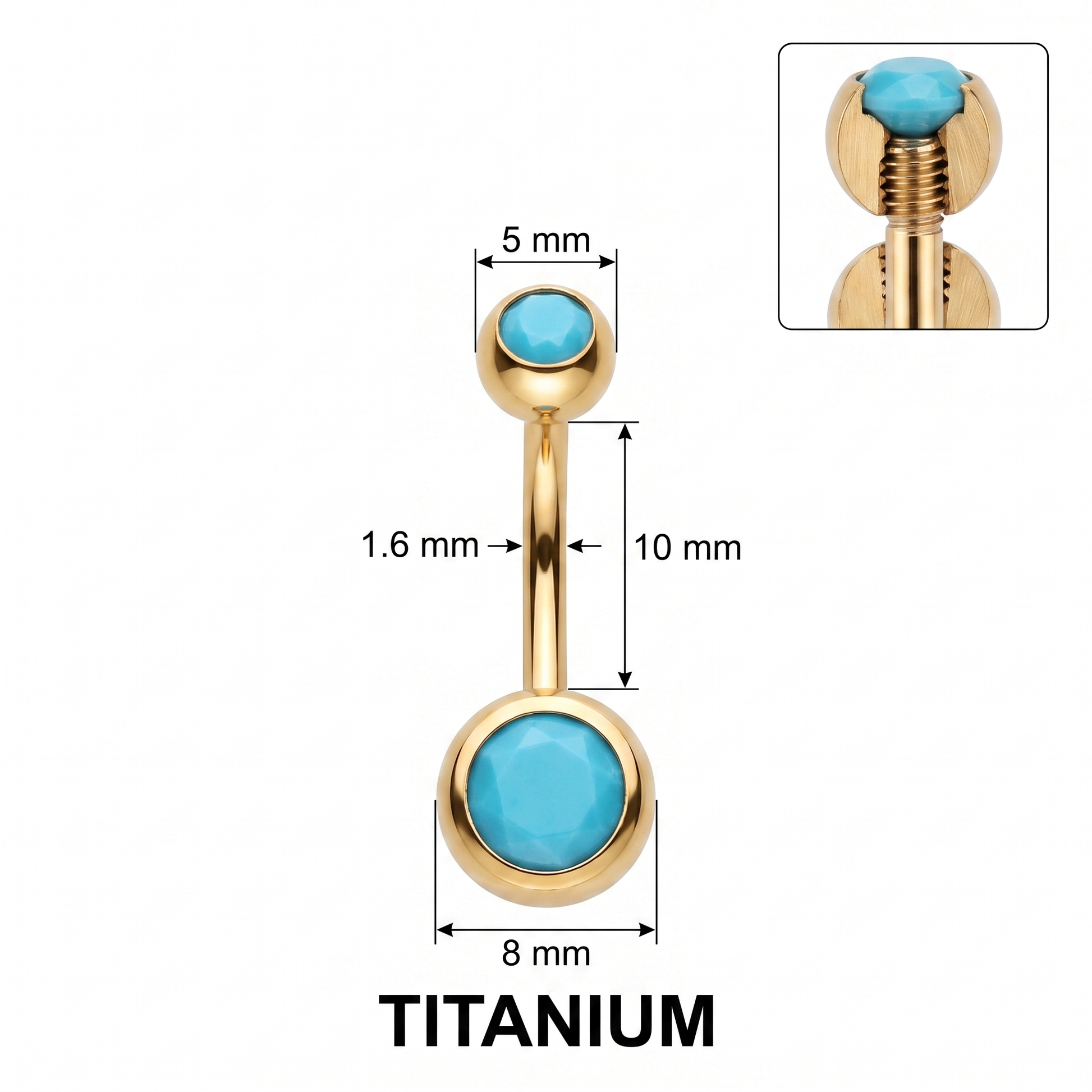 Color Gem colored belly button ring size chart — gold turquoise, 14G 1.6 mm titanium