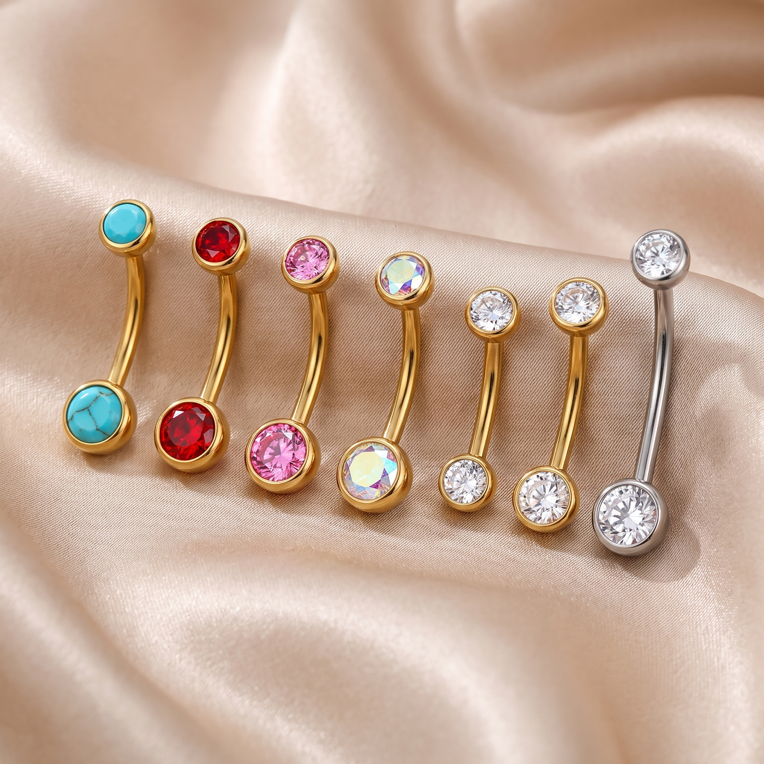 Color Gem belly button ring in gold crystal worn on model — implant-grade G23 titanium 14G