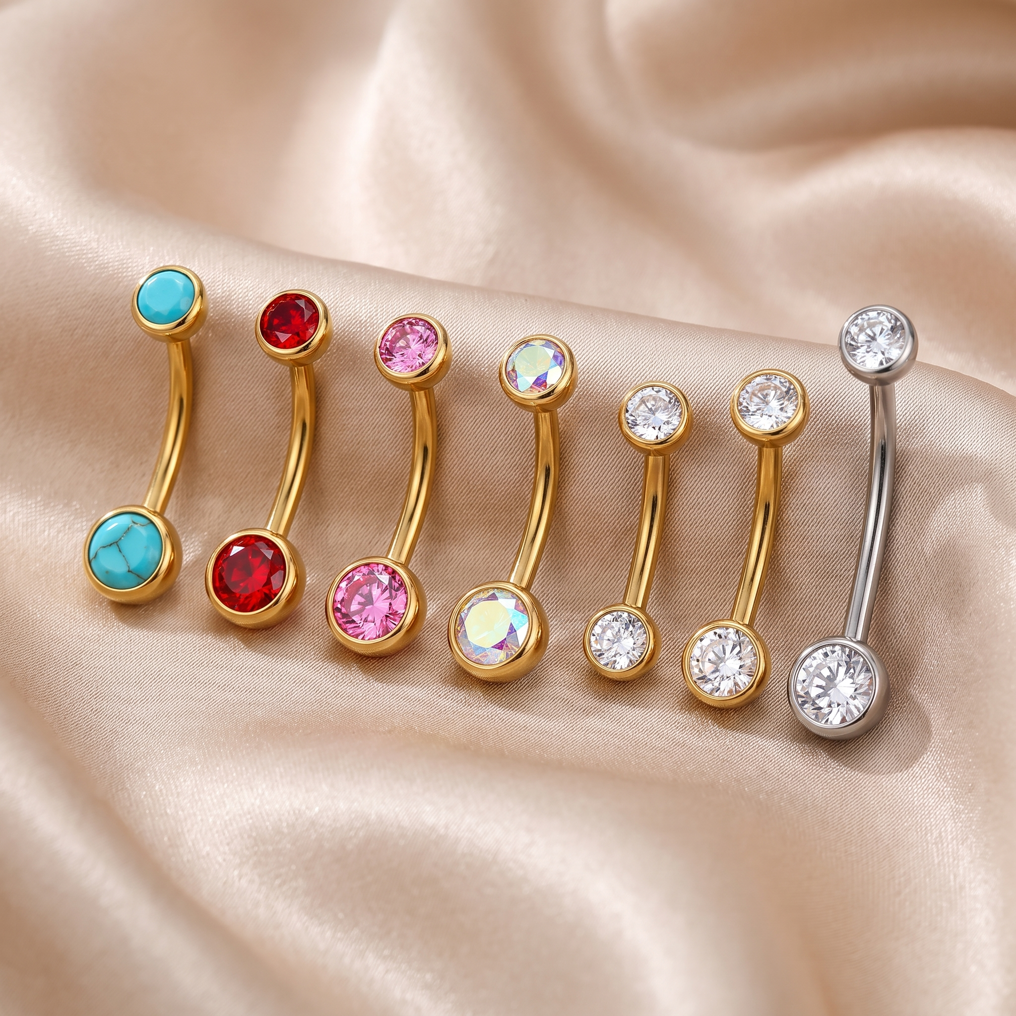 All color options of the Color Gem belly button ring on satin — G23 titanium 14G