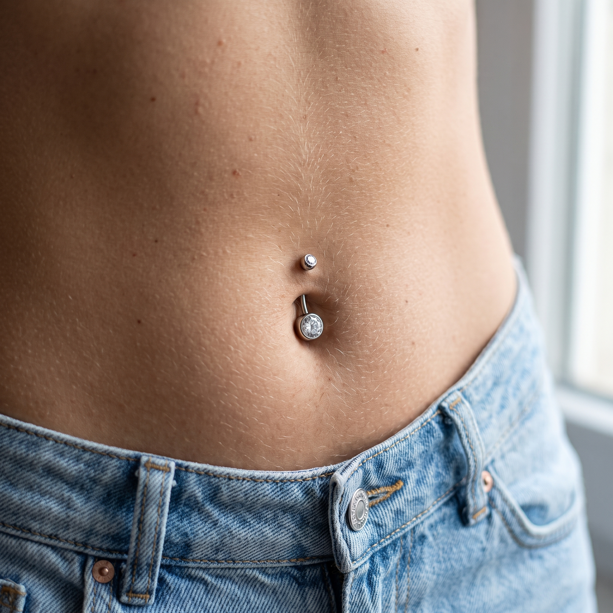 Color Gem belly button ring in silver with clear crystals worn on model — G23 titanium 14G