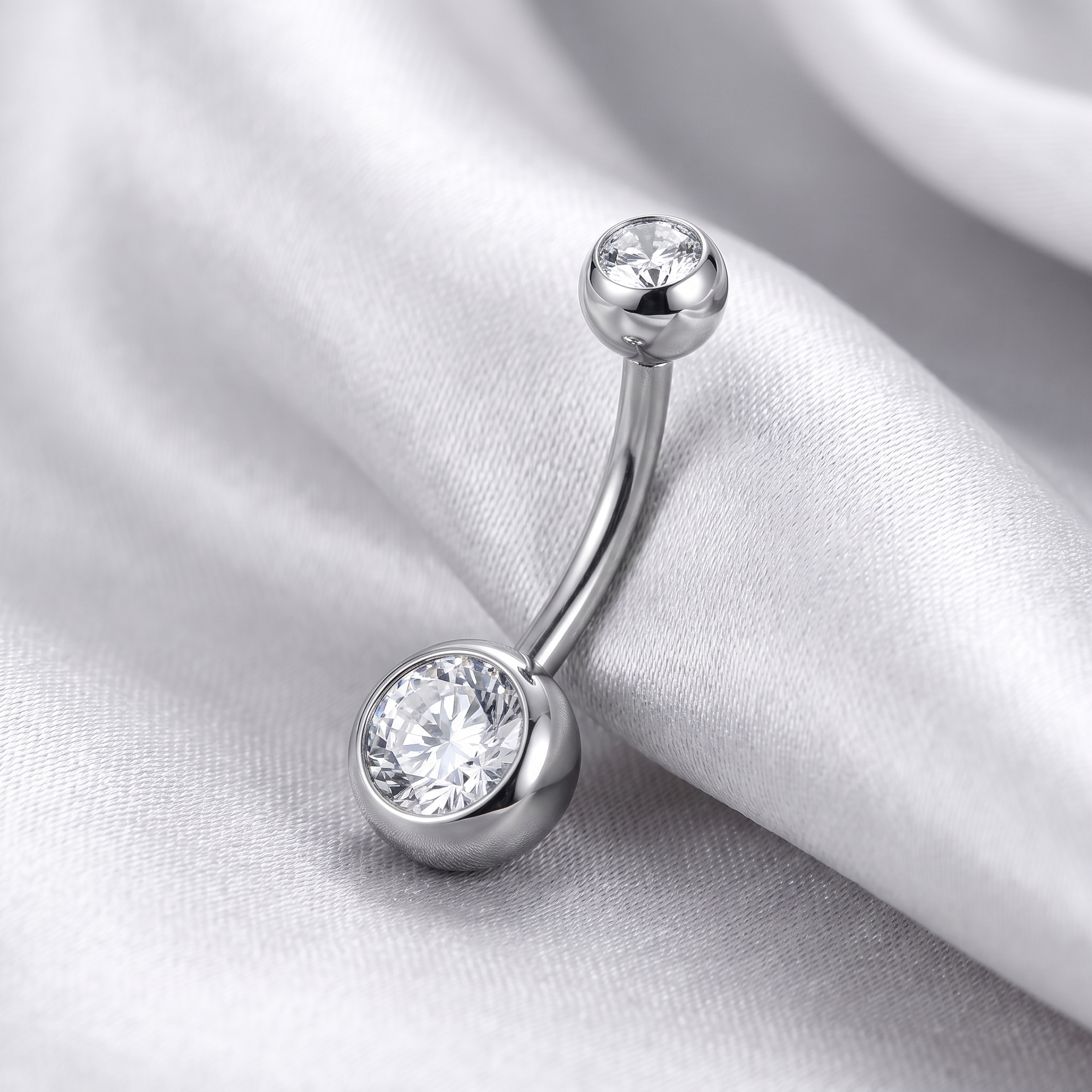 Color Gem belly button ring in silver with clear crystals on satin — G23 titanium 14G