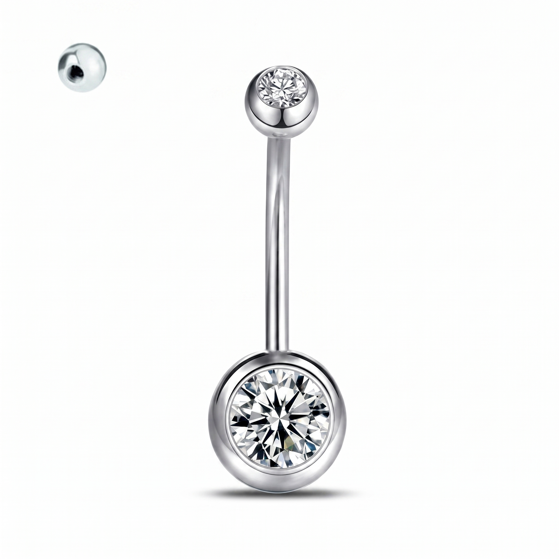 Color Gem colored belly button ring in silver with clear crystals — white background packshot, G23 titanium 14G