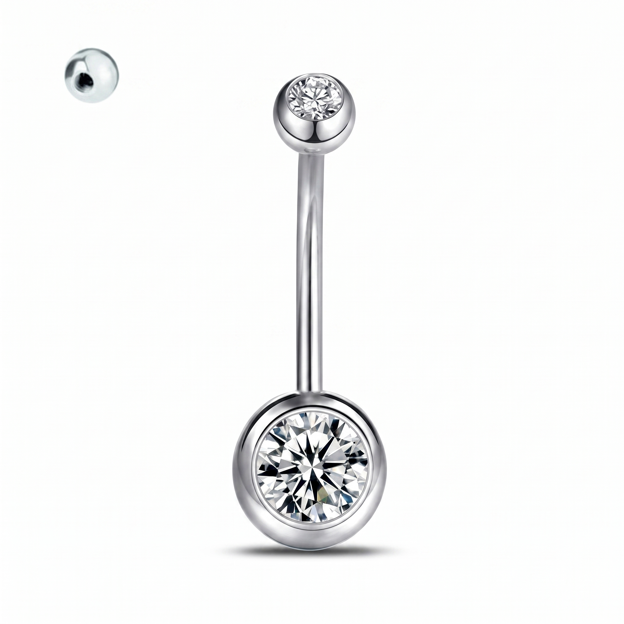 Color Gem colored belly button ring in silver with clear crystals — white background packshot, G23 titanium 14G