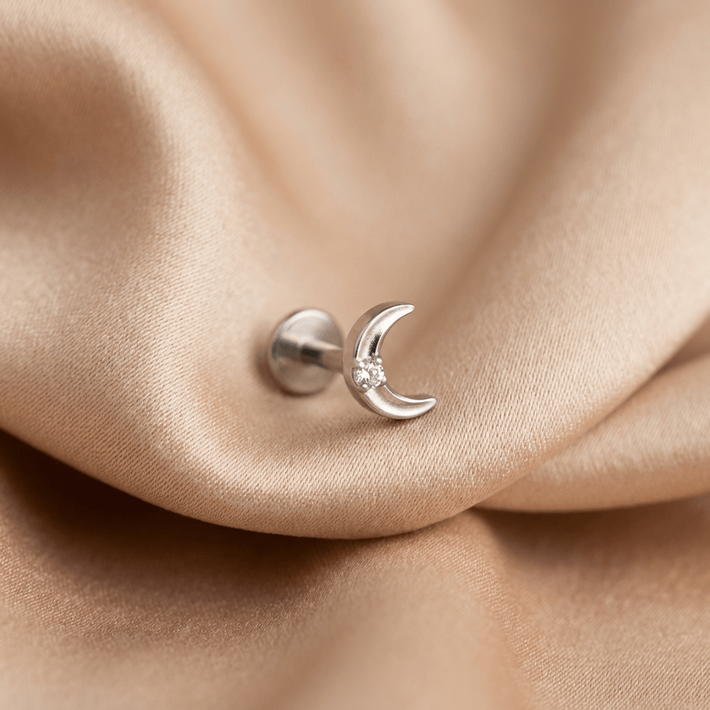 Double Helix Ear Piercing - Close-up of a silver