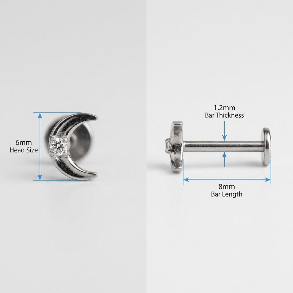 Dimensions diagram of the silver titanium crescent moon stud showing an 8mm