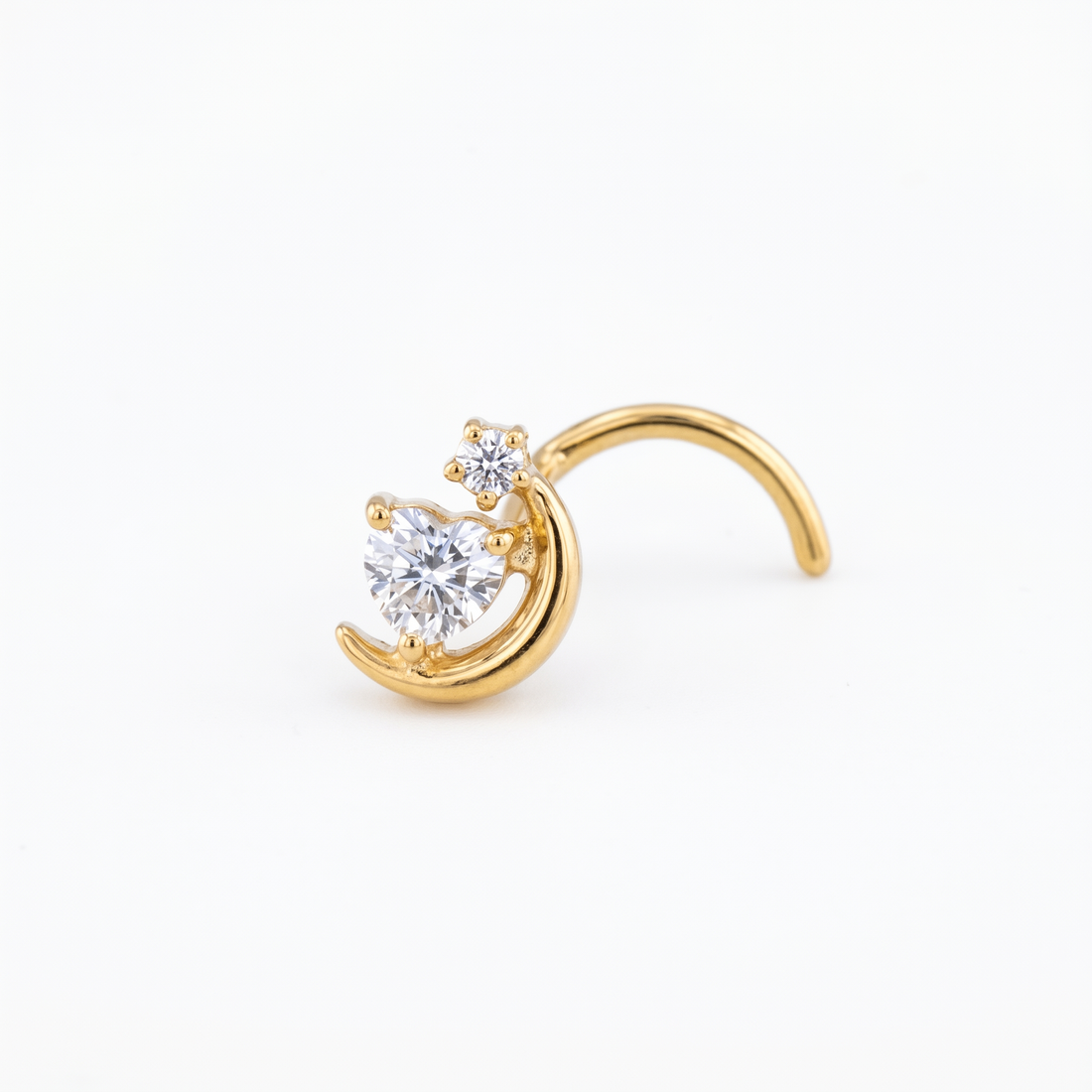 crescent moon nose stud close-up on a model — single nostril nose jewelry