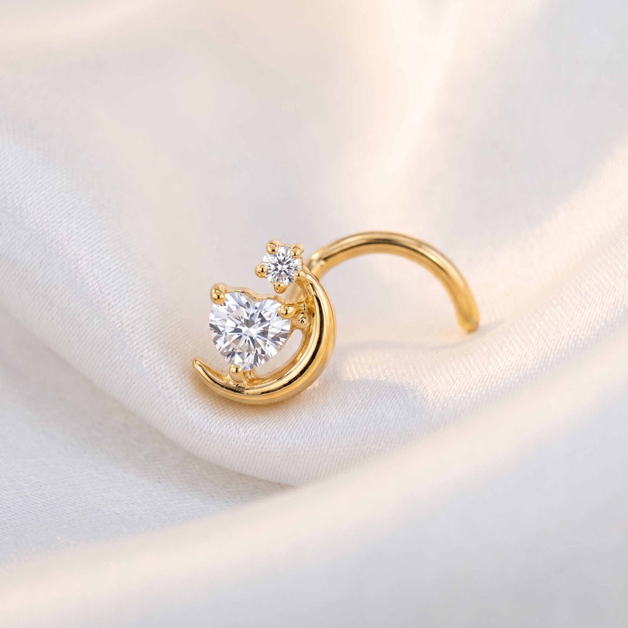 crescent moon nose stud on satin fabric — G23 titanium 20G