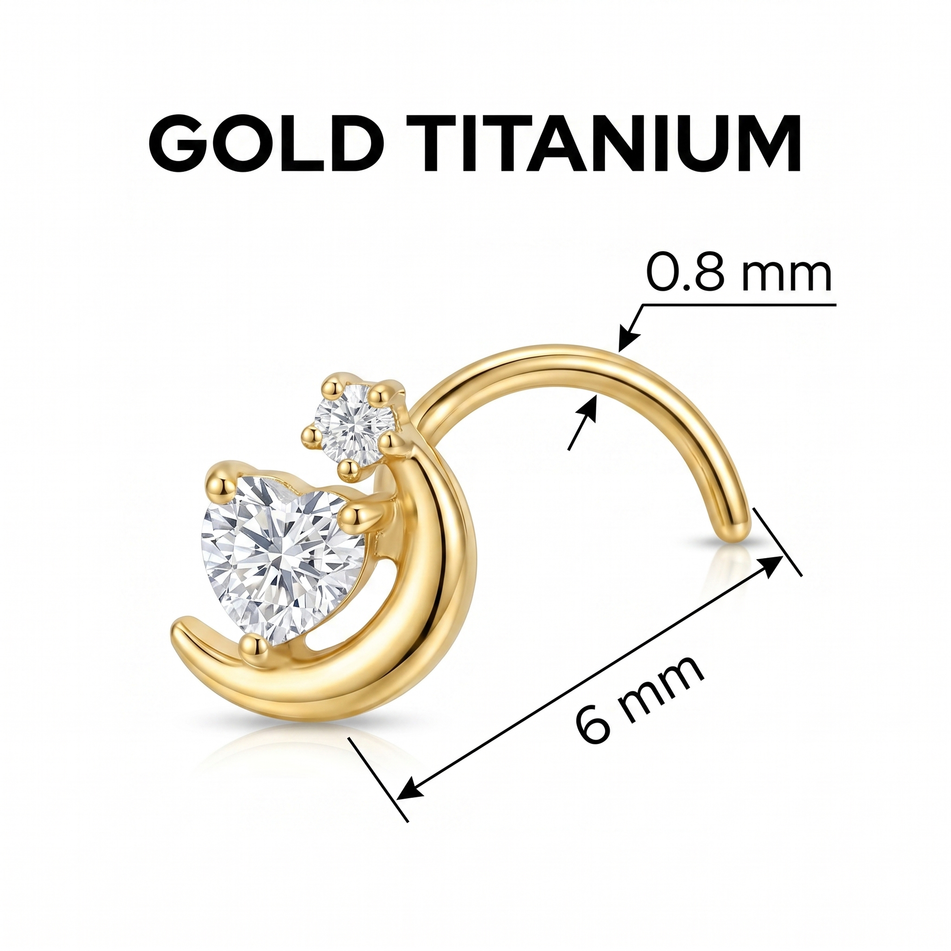 crescent moon nose stud size chart — 0.8 mm 20G, 6 mm length, G23 titanium