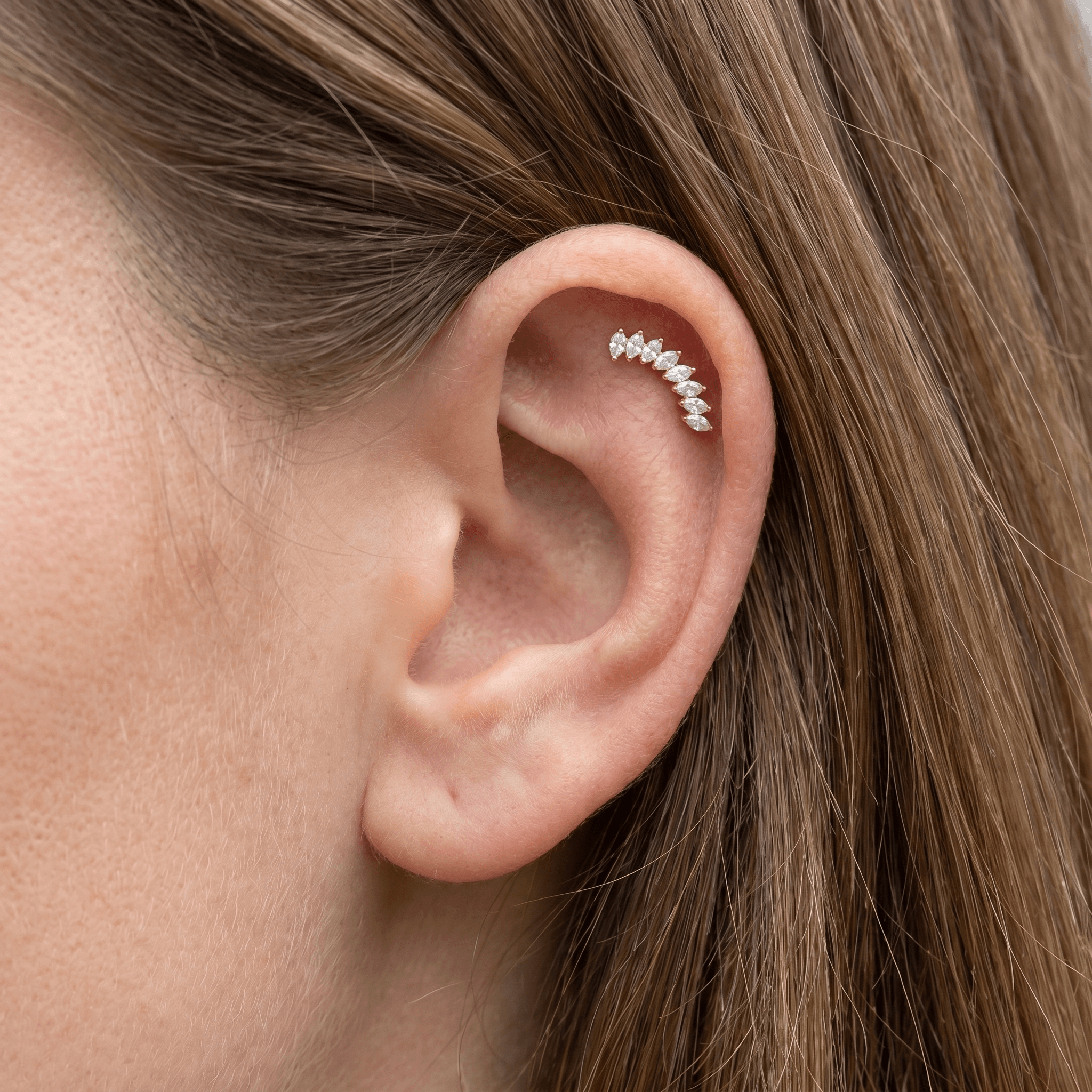 Silver crown leaf zircon stud — flat helix piercing placement