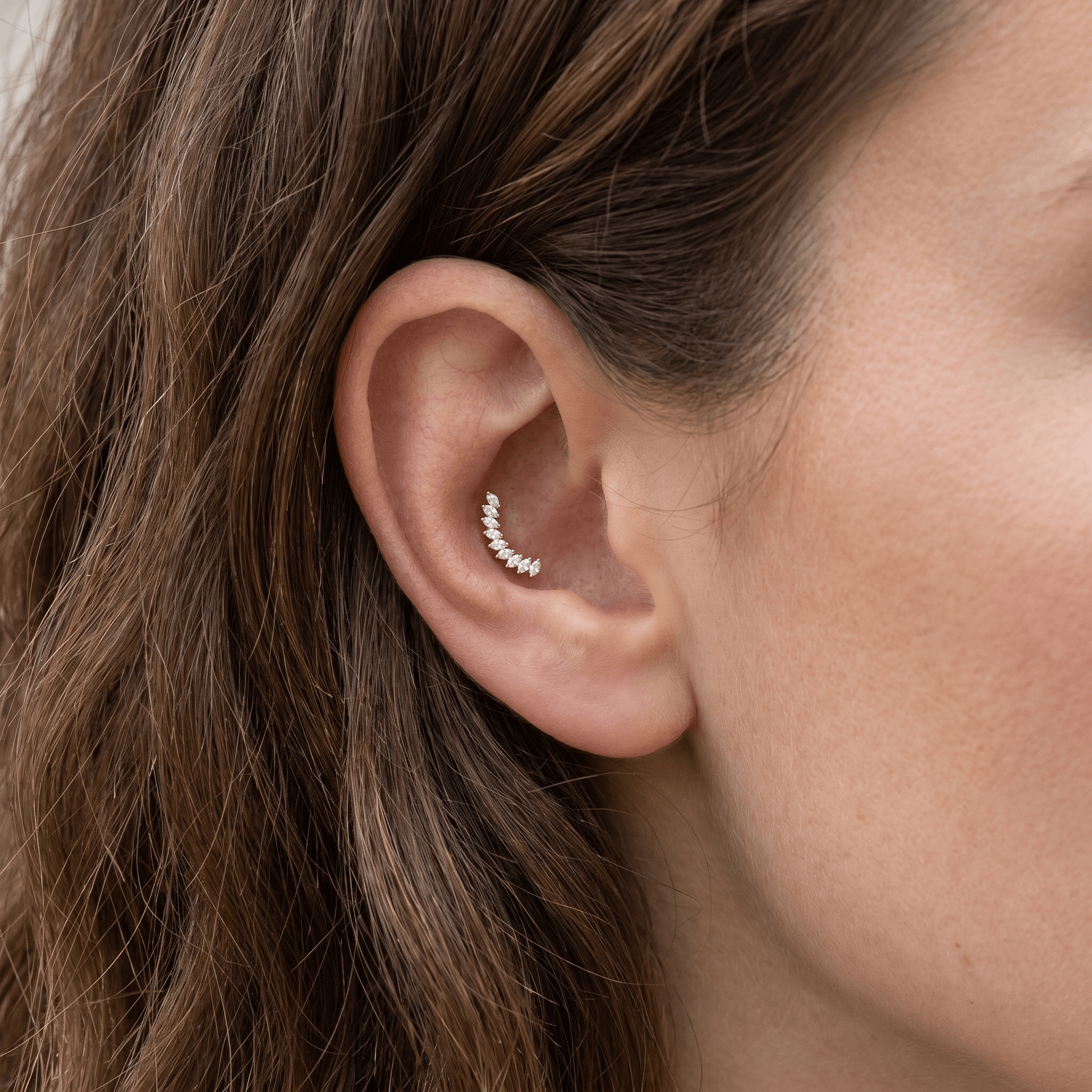 Gold crown leaf zircon stud — conch jewelry placement