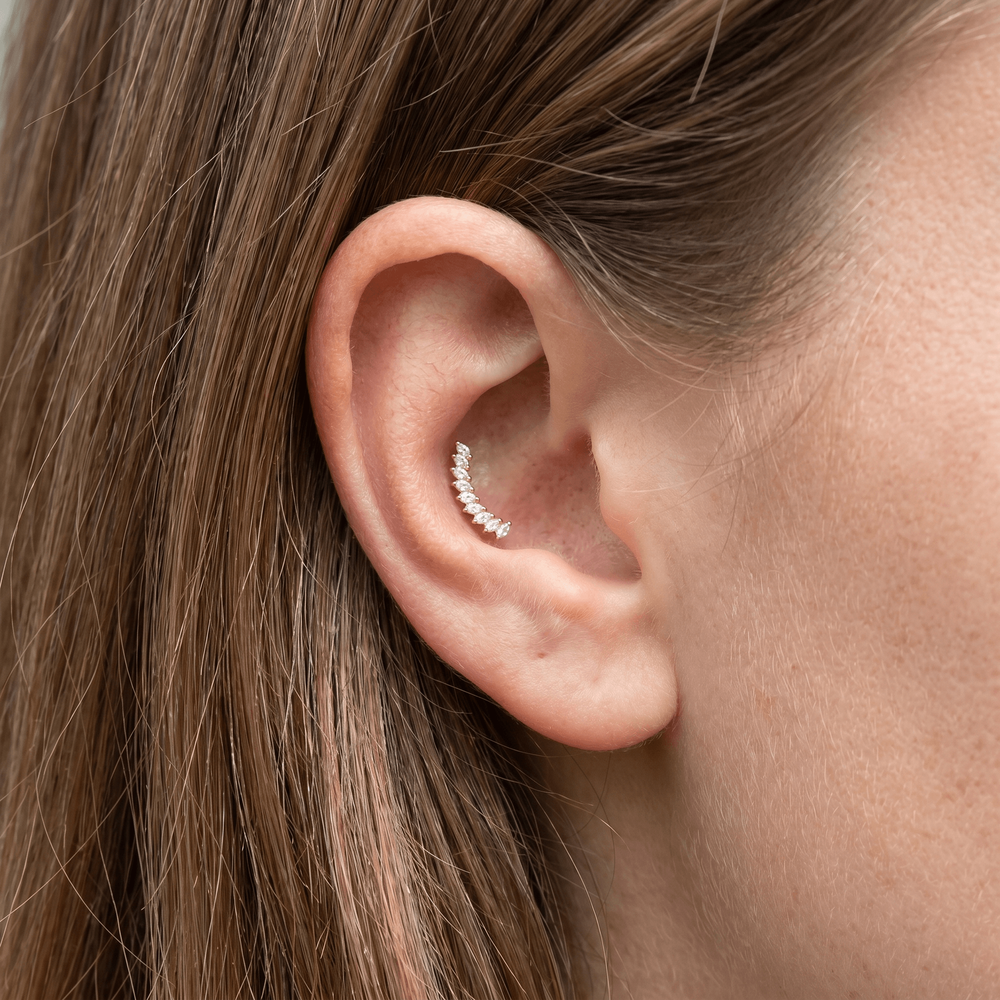 Silver crown leaf zircon stud — outer conch piercing placement