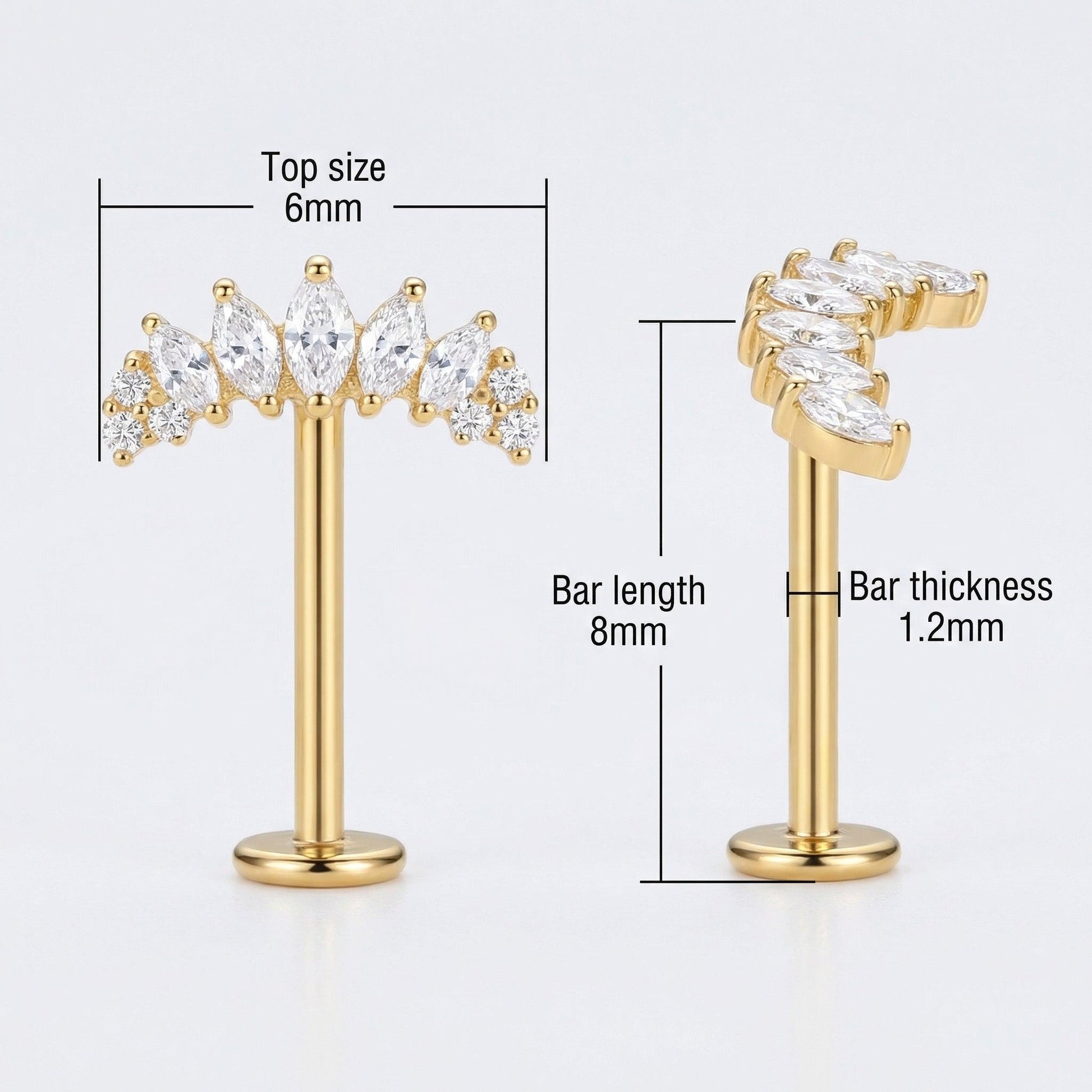 Diagram showing sizing and measurements for the gold crown leaf outer stud.