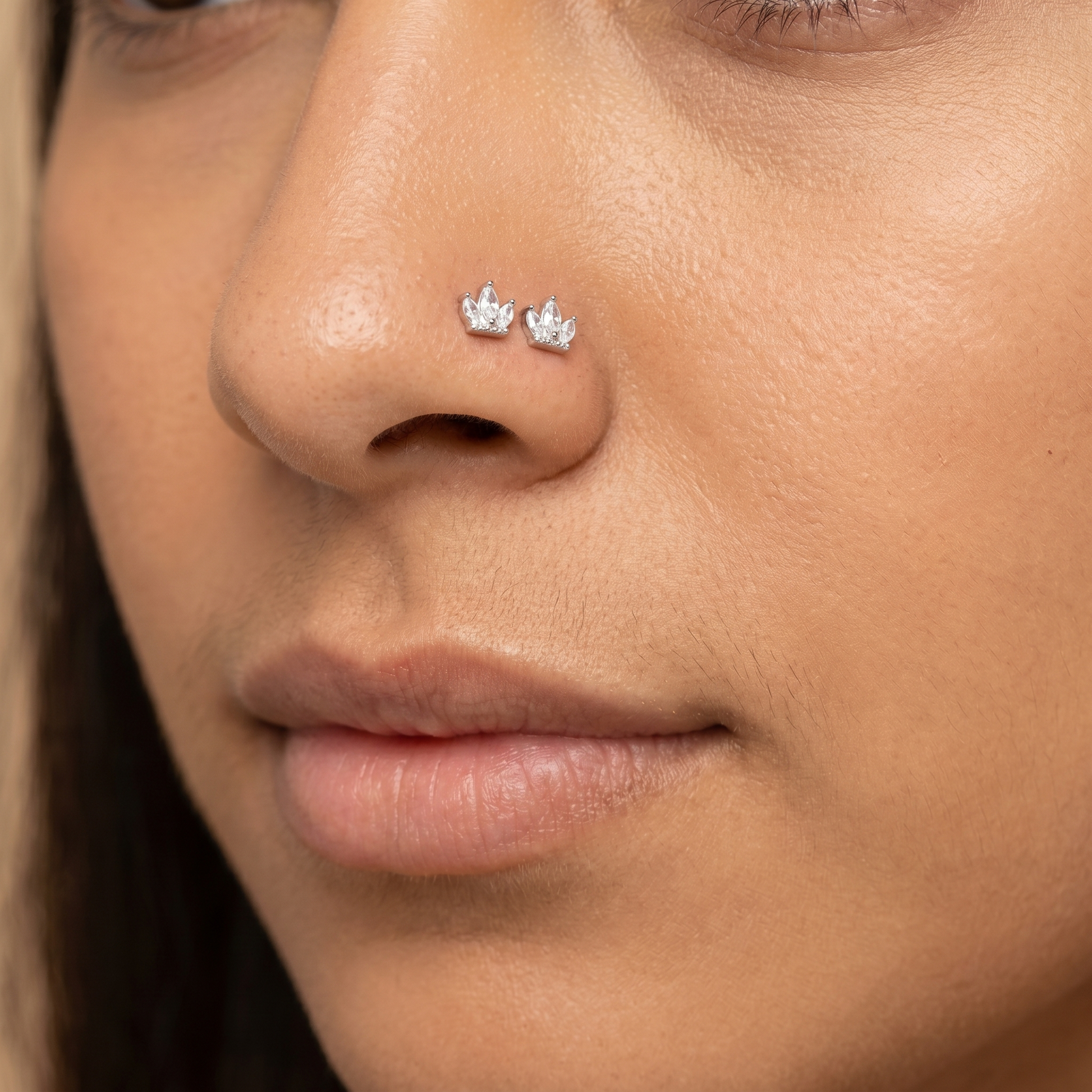 crown nose stud close-up, nickel-free 20G nose jewelry