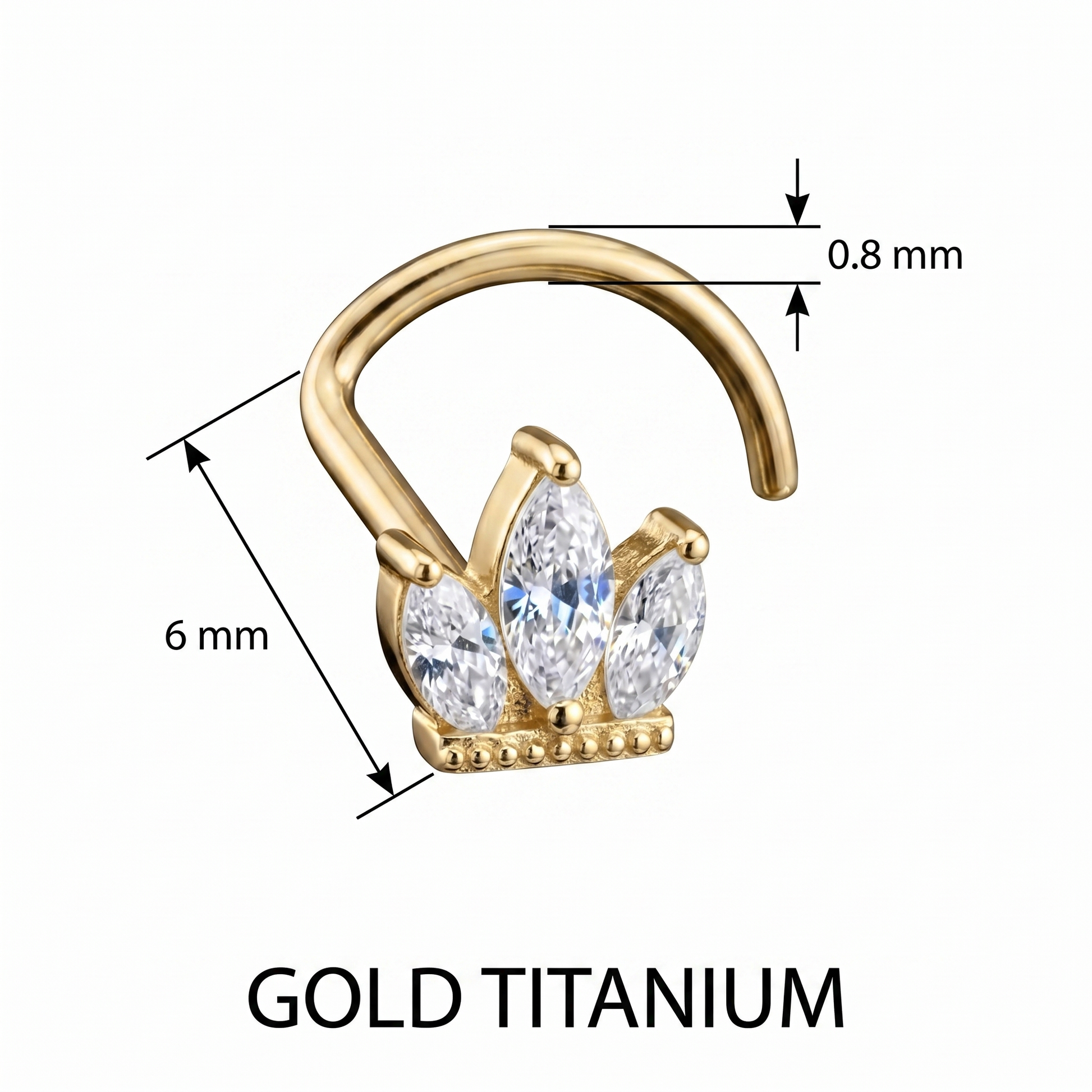 crown nose stud size chart — 0.8 mm 20G, 6 mm length, G23 titanium