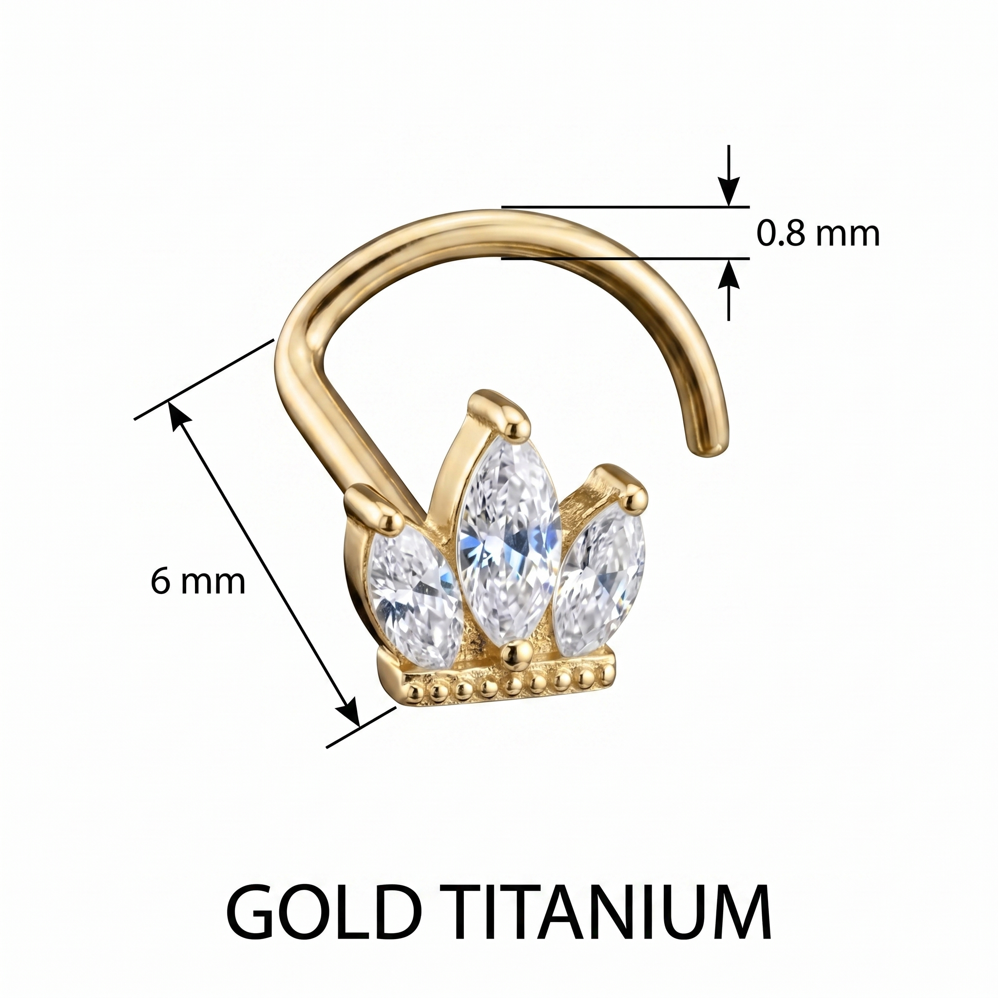 crown nose stud size chart — 0.8 mm 20G, 6 mm length, G23 titanium