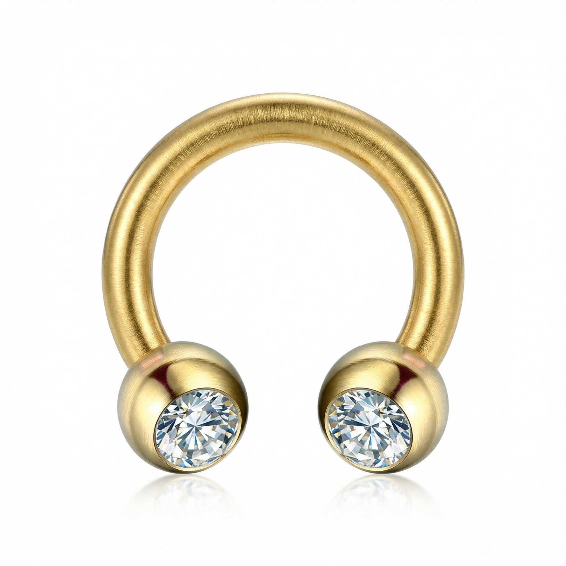 Close-up rendering of a gold 16G titanium crystal ball horseshoe piercing ring.