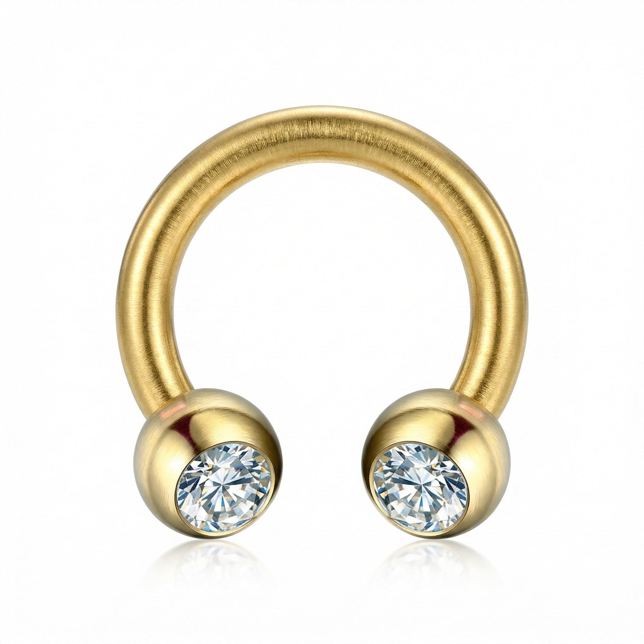 Close-up rendering of a gold 16G titanium crystal ball horseshoe piercing ring.