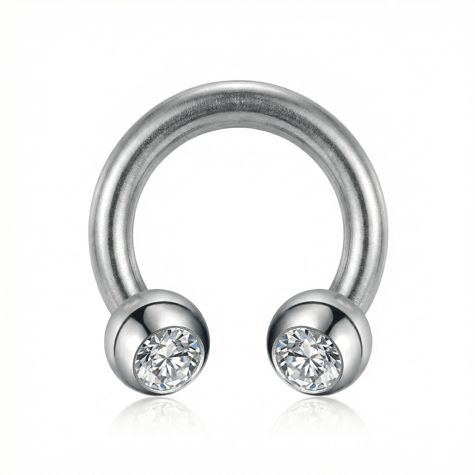 Close-up rendering of a silver 16G titanium crystal ball horseshoe piercing ring.