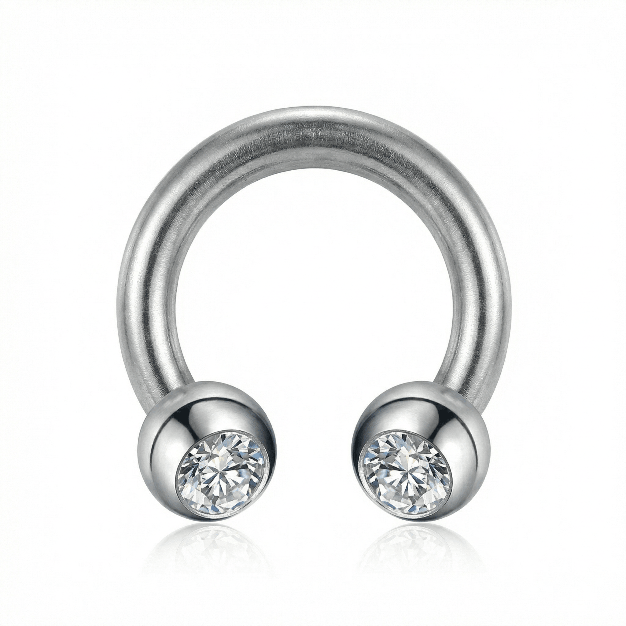 Close-up rendering of a silver 16G titanium crystal ball horseshoe piercing ring.