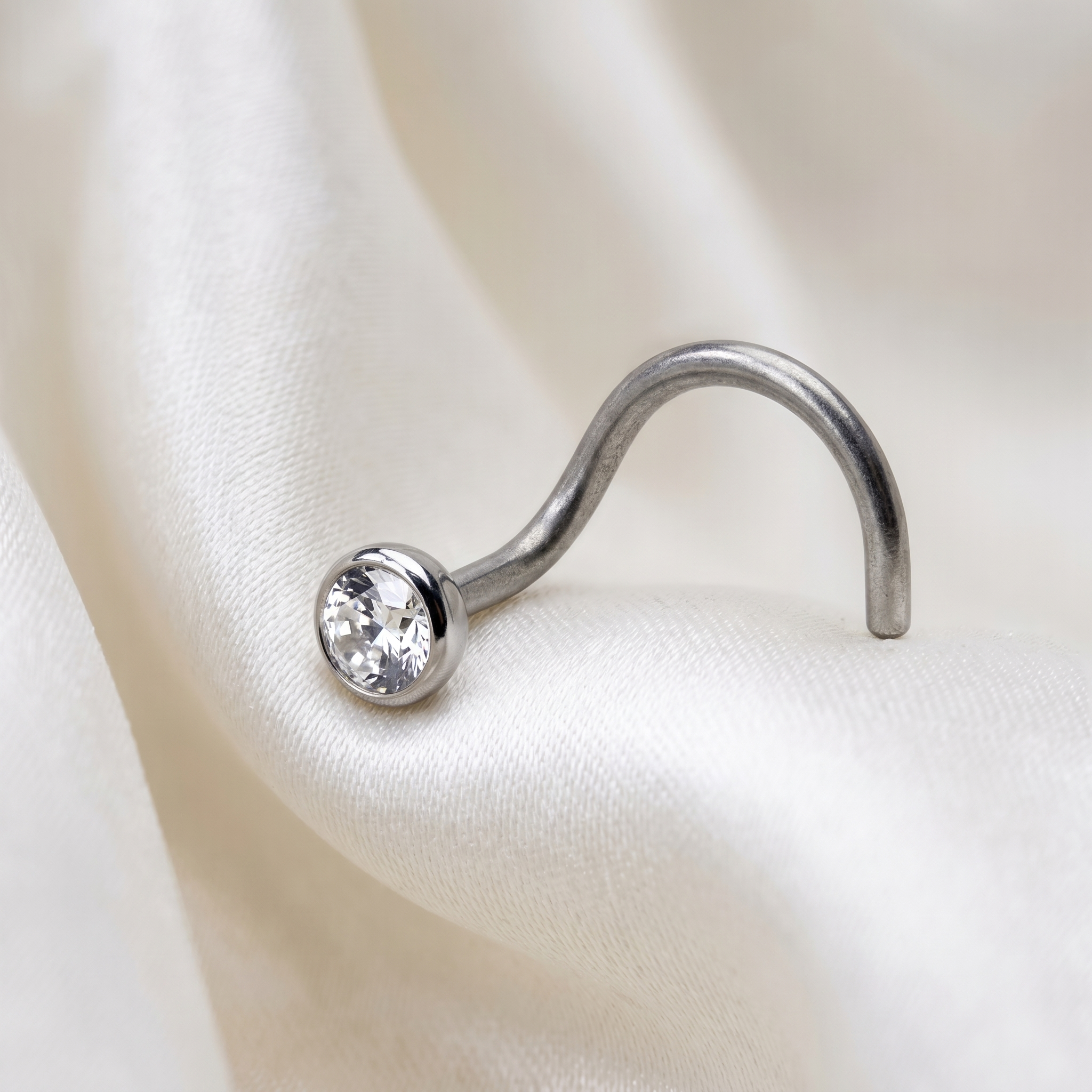 crystal nose stud close-up, nickel-free 20G nose jewelry