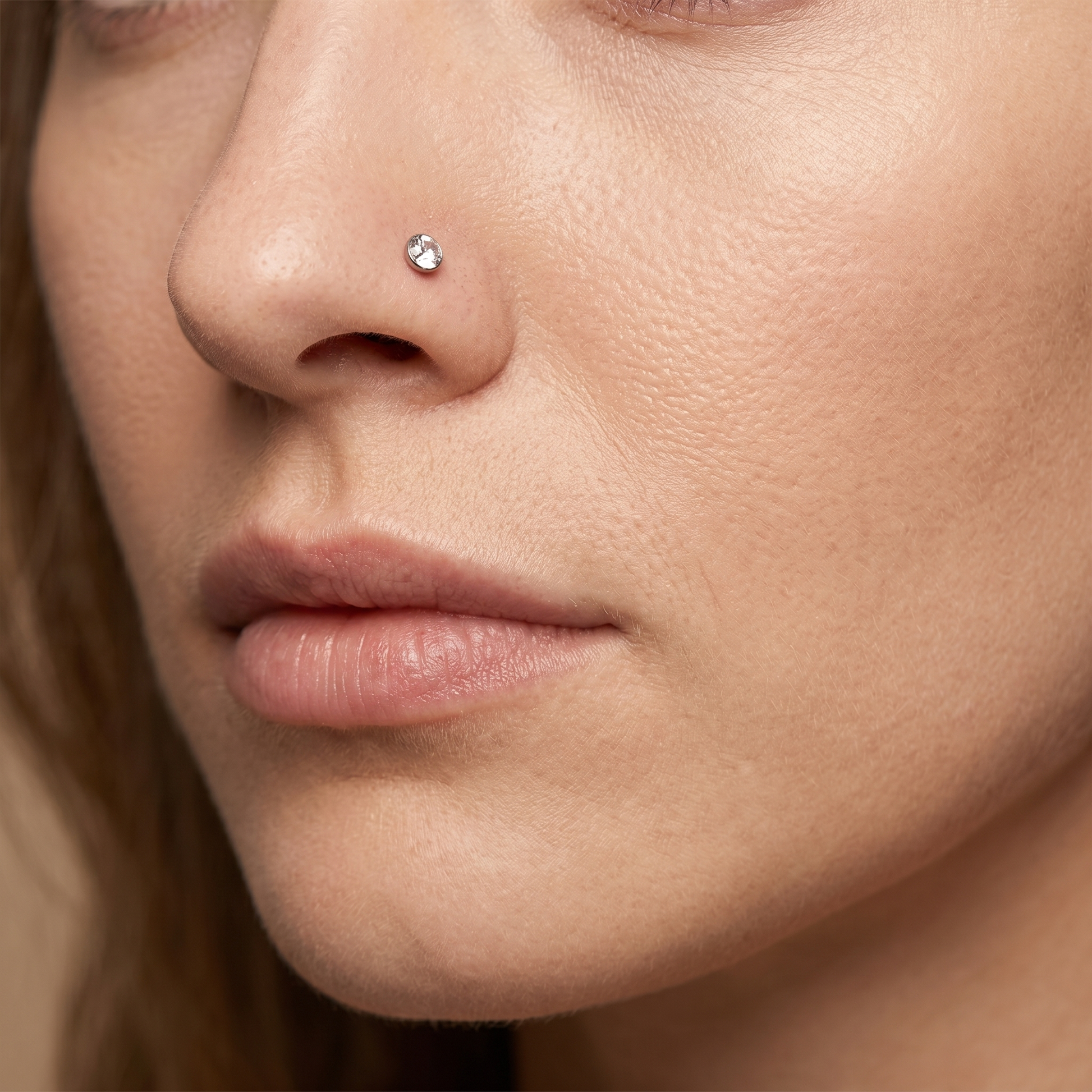 crystal nose stud on satin, G23 implant-grade titanium