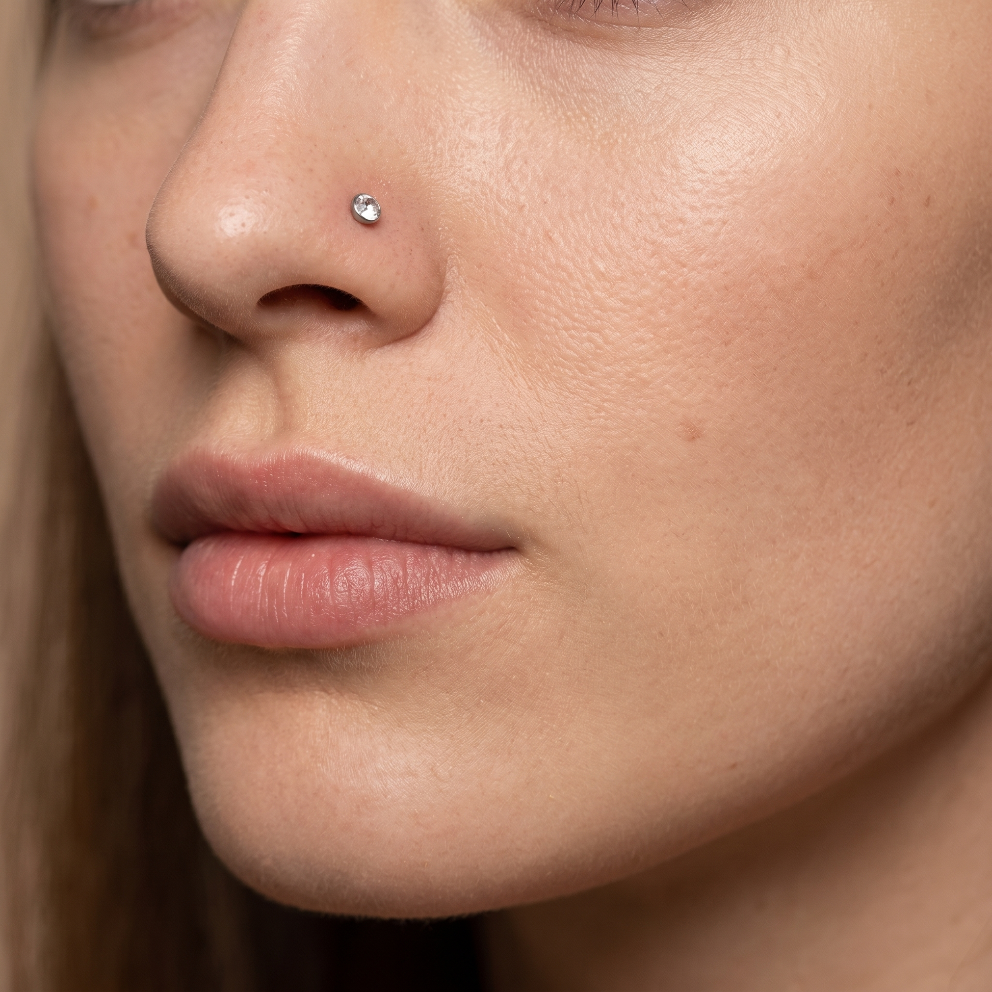 crystal nose stud side profile on the nostril
