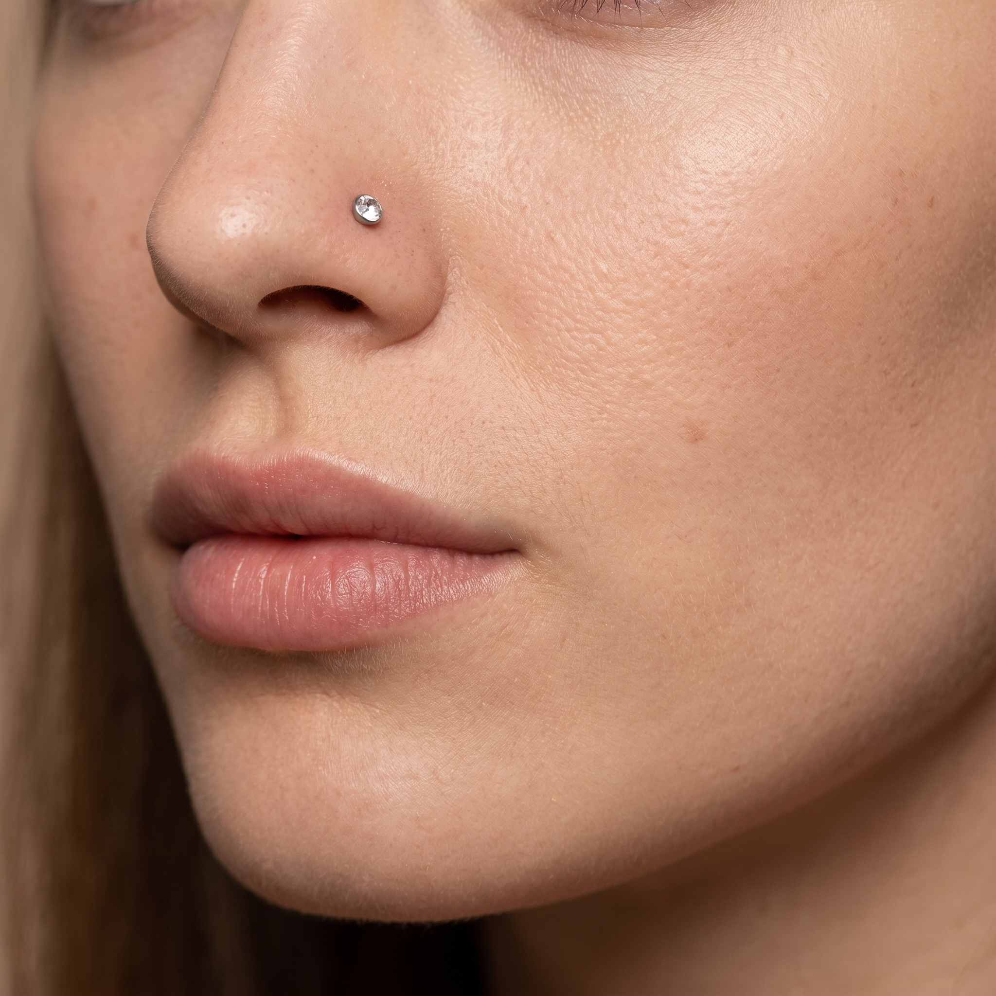 crystal nose stud side profile on the nostril