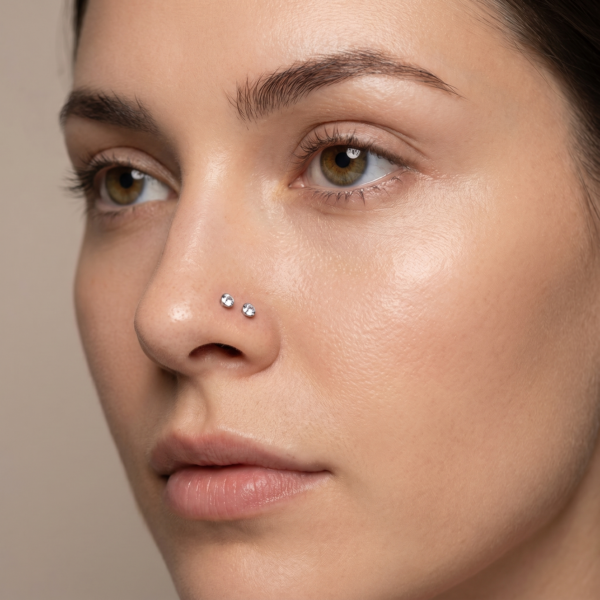 Two crystal nose studs styled as a double nose piercing on one nostril