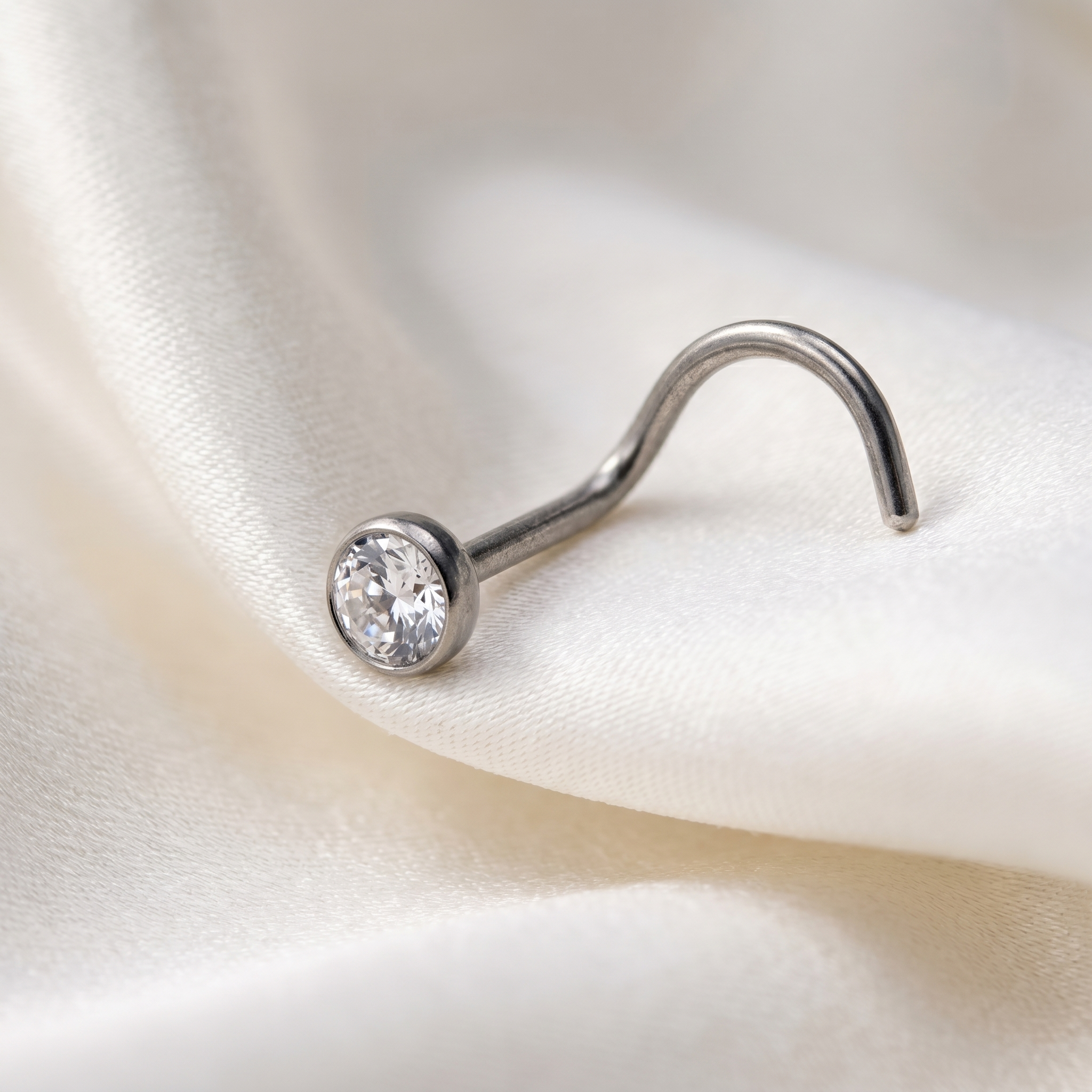 crystal nose stud on satin fabric — G23 titanium 20G