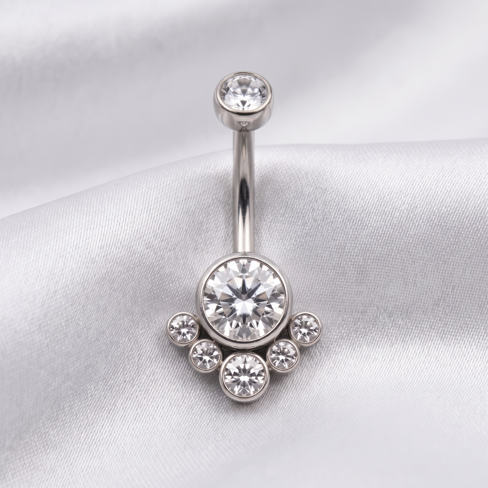 Crystal Solitaire belly button ring in silver crystal on champagne satin — G23 titanium 14G