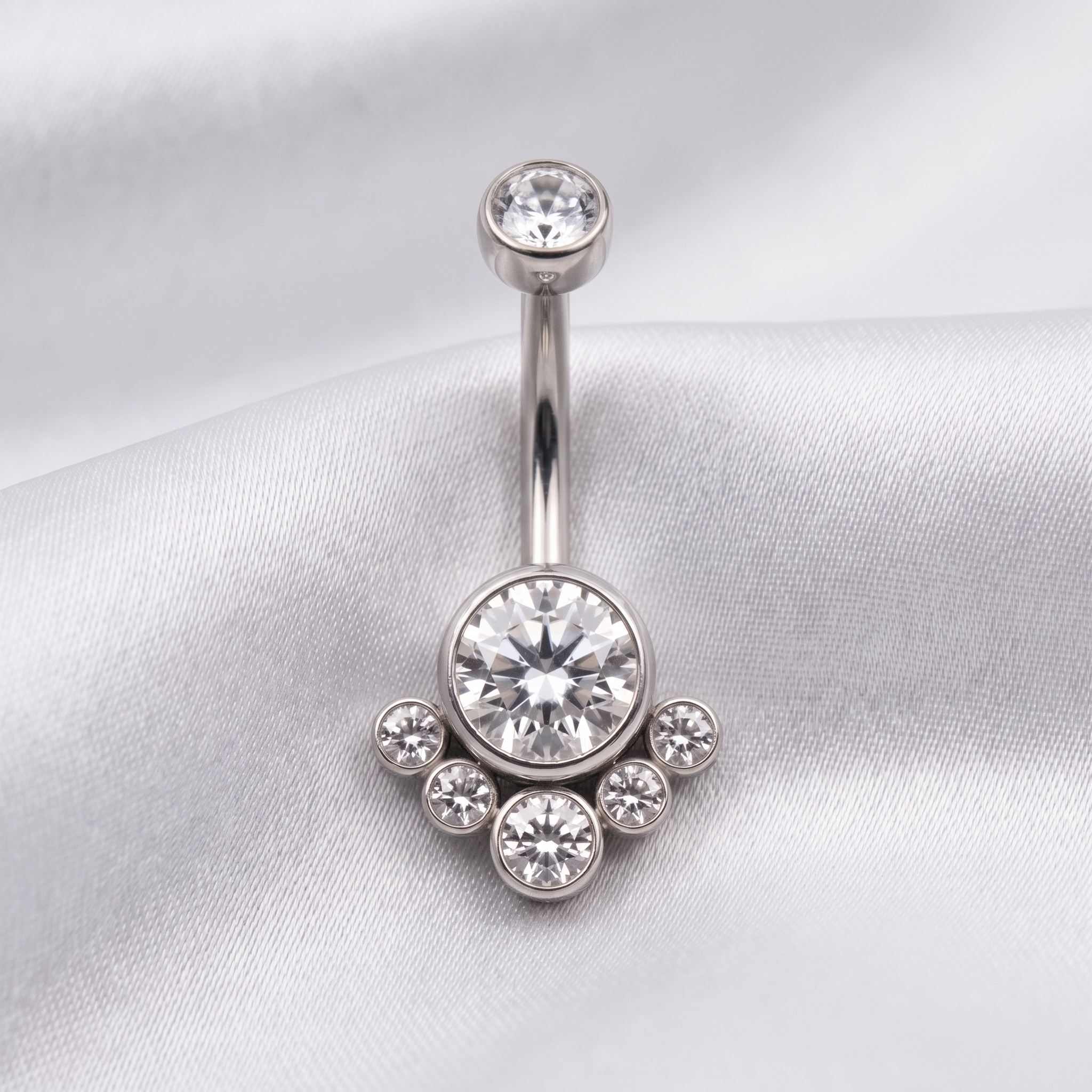 Crystal Solitaire belly button ring in silver crystal on champagne satin — G23 titanium 14G