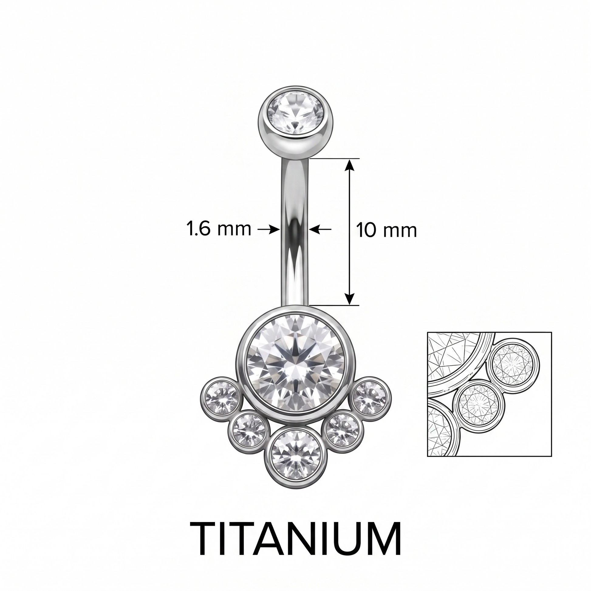 Crystal Solitaire belly button ring size chart — silver crystal, 14G 1.6 mm titanium