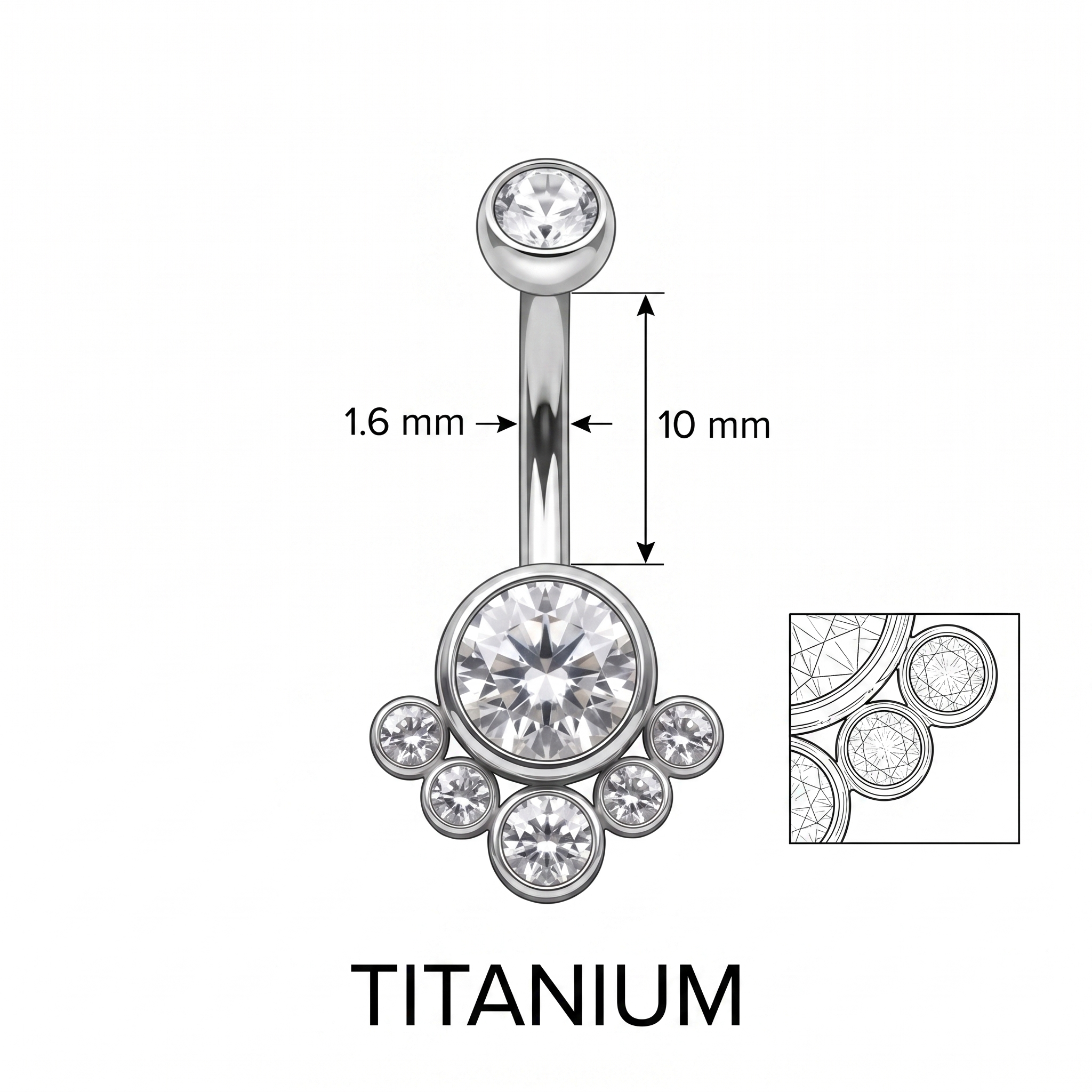 Crystal Solitaire belly button ring size chart — silver crystal, 14G 1.6 mm titanium