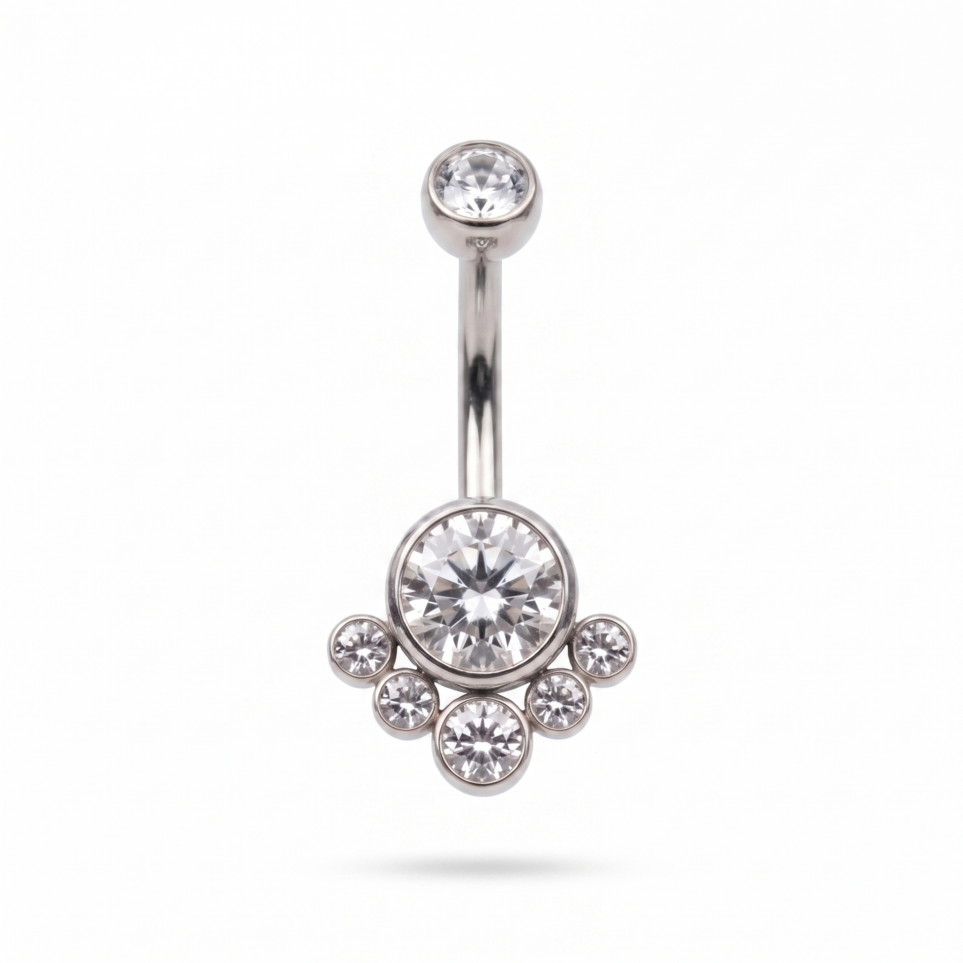 Crystal Solitaire belly button ring in silver crystal — white background packshot, G23 titanium 14G