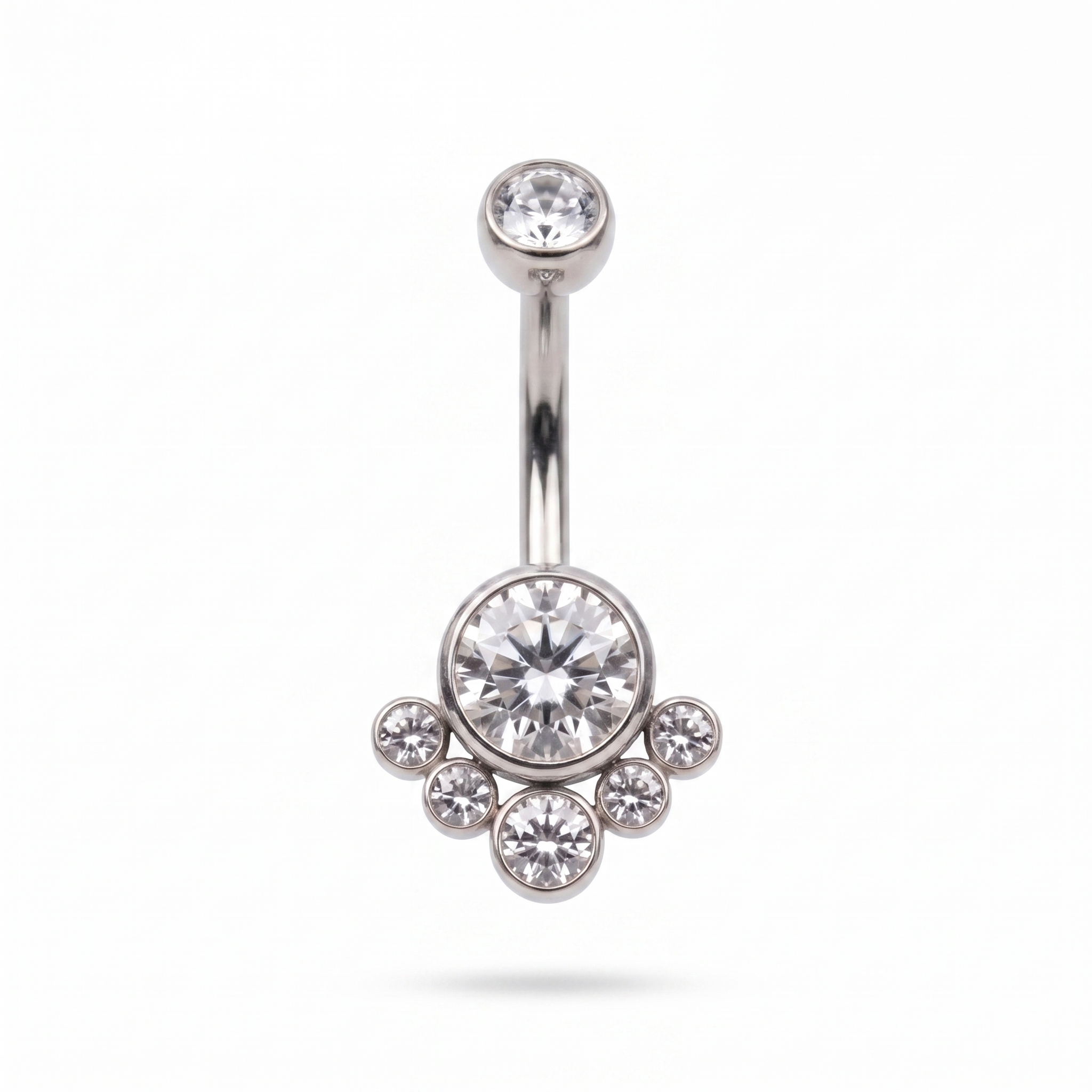 Crystal Solitaire belly button ring in silver crystal — white background packshot, G23 titanium 14G