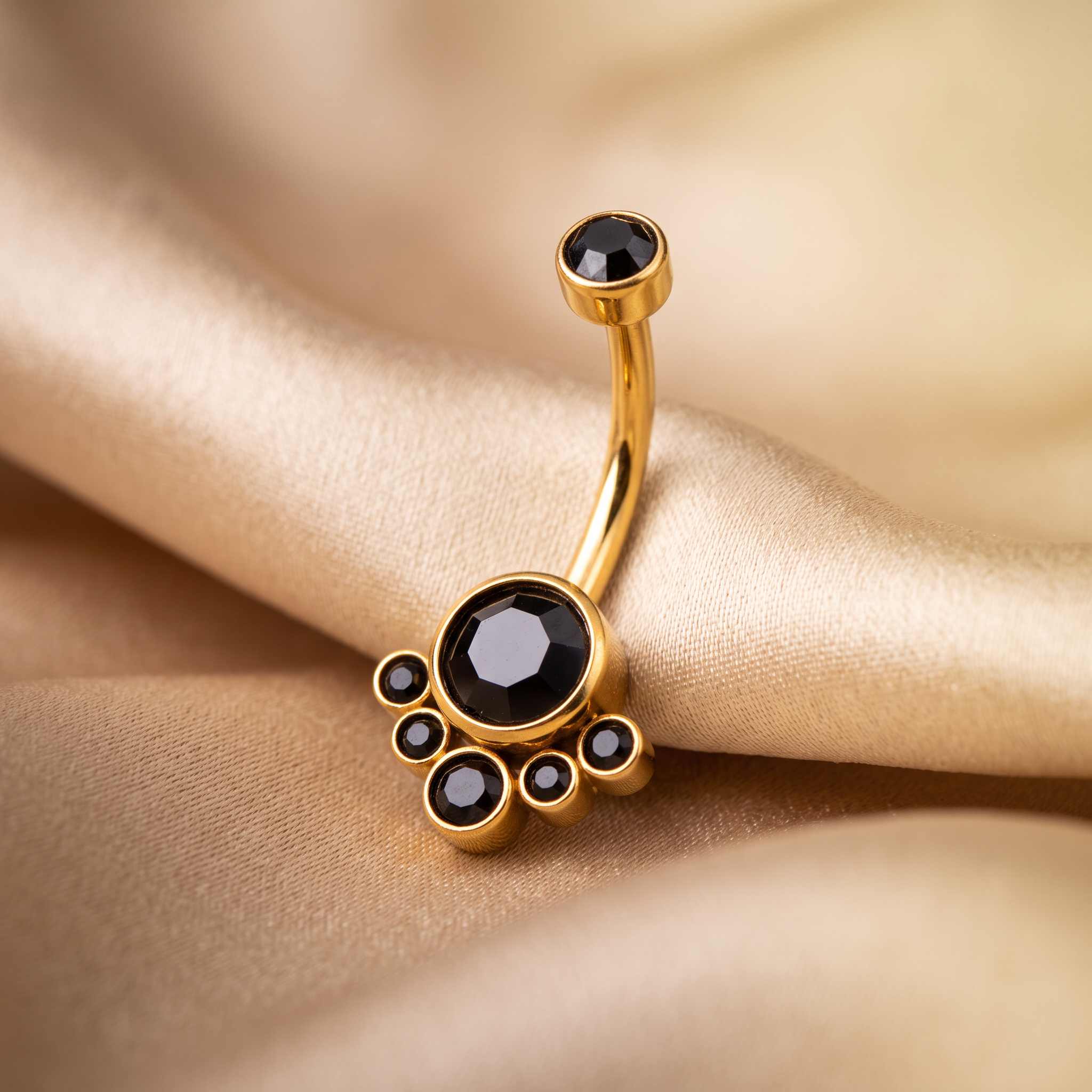 Crystal Solitaire belly button ring in black crystal on champagne satin — G23 titanium 14G