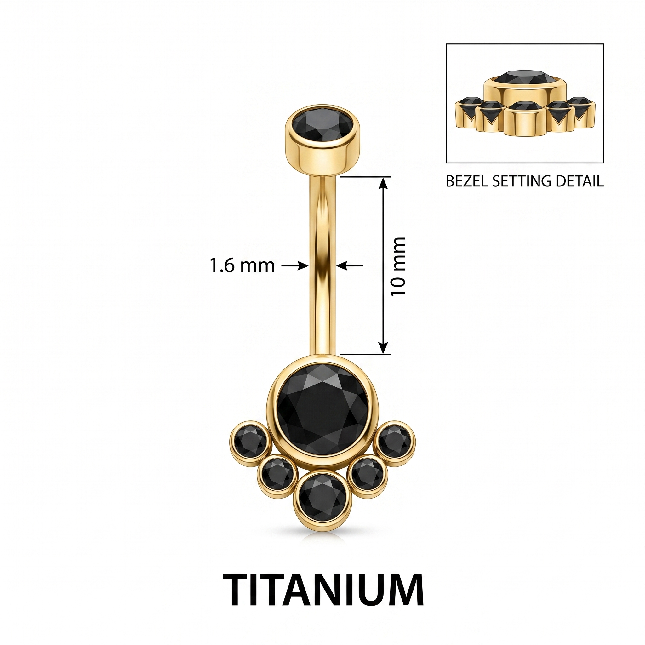 Crystal Solitaire belly button ring size chart — black crystal, 14G 1.6 mm titanium