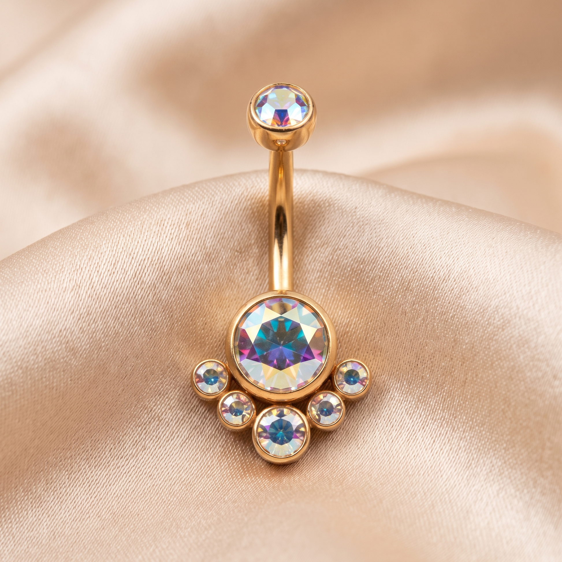 Crystal Solitaire belly button ring in gold aurora on champagne satin — G23 titanium 14G