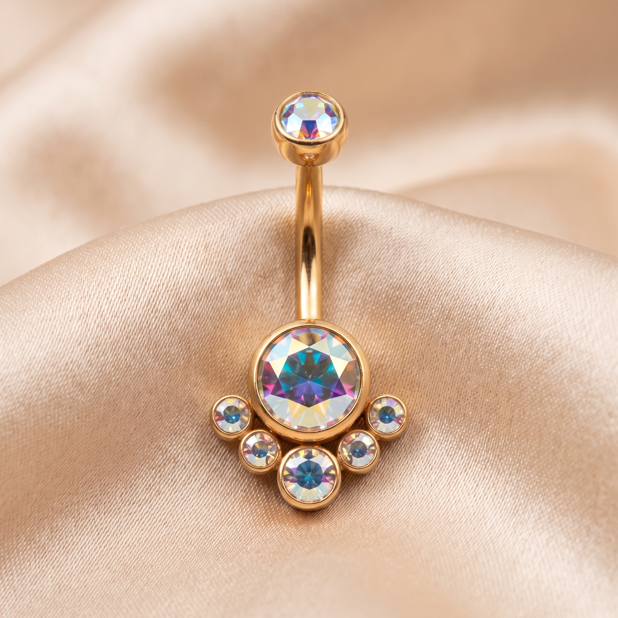 Crystal Solitaire belly button ring in gold aurora on champagne satin — G23 titanium 14G