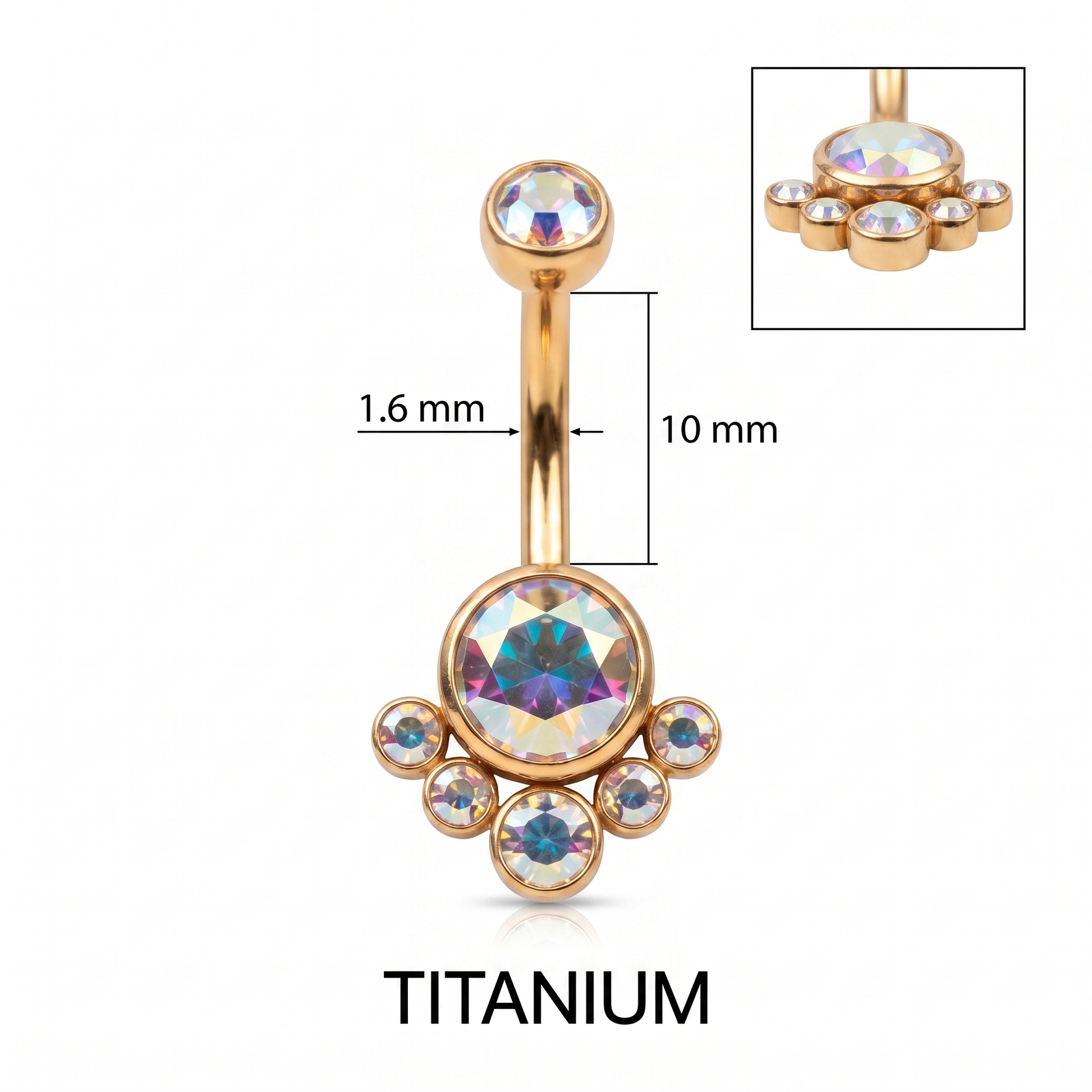 Crystal Solitaire belly button ring size chart — gold aurora, 14G 1.6 mm titanium