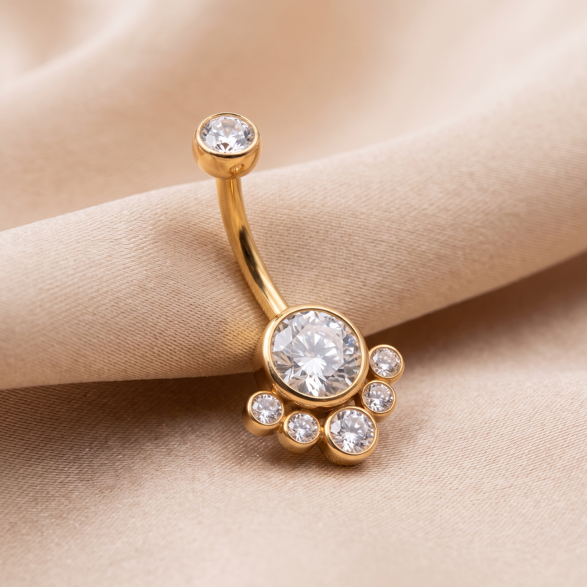 Crystal Solitaire belly button ring in gold crystal on champagne satin — G23 titanium 14G