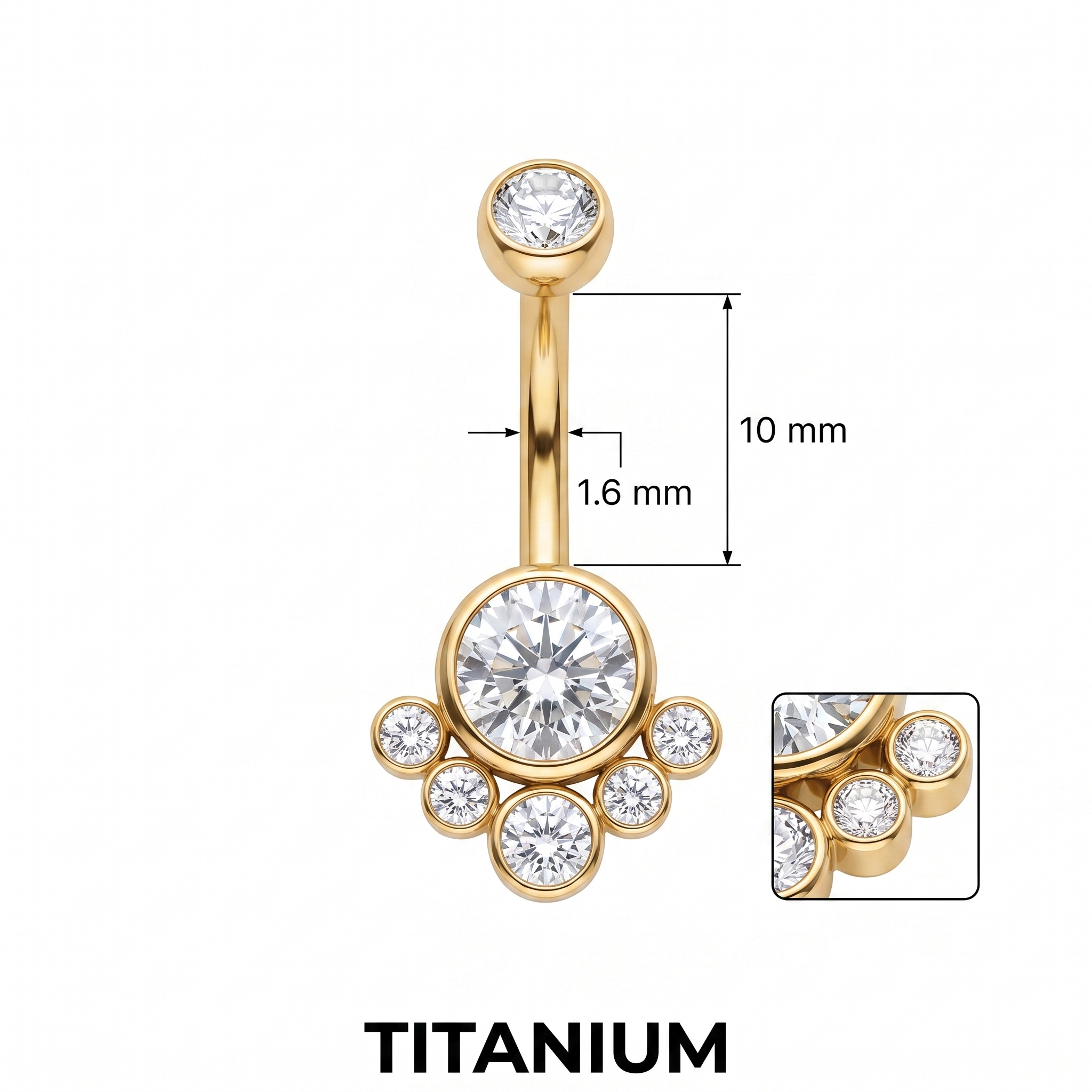 Crystal Solitaire belly button ring size chart — gold crystal, 14G 1.6 mm titanium