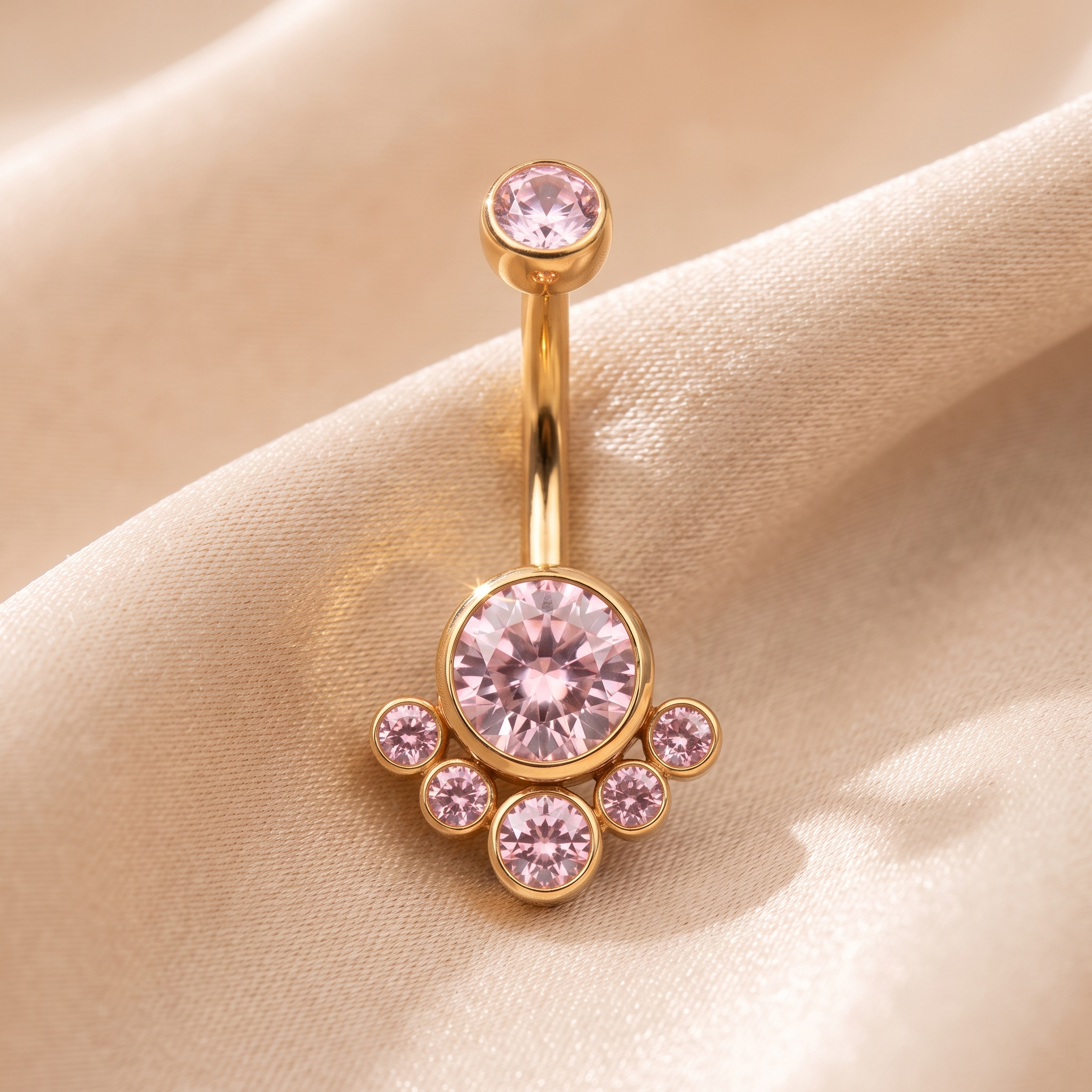 Crystal Solitaire belly button ring in gold pink on champagne satin — G23 titanium 14G