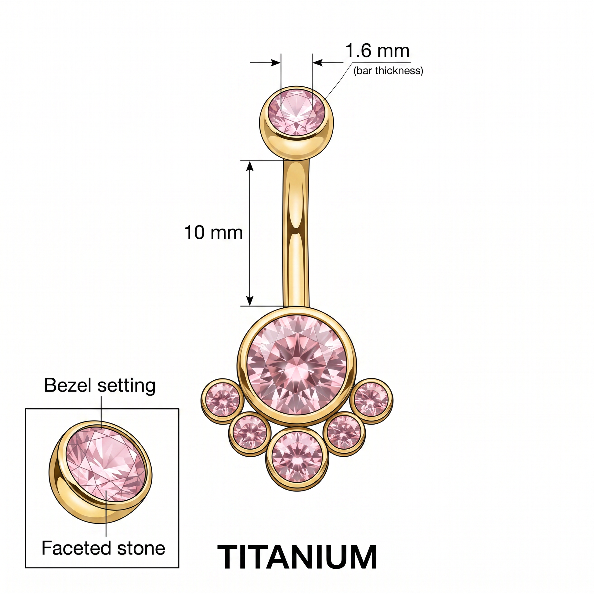 Crystal Solitaire belly button ring size chart — gold pink, 14G 1.6 mm titanium