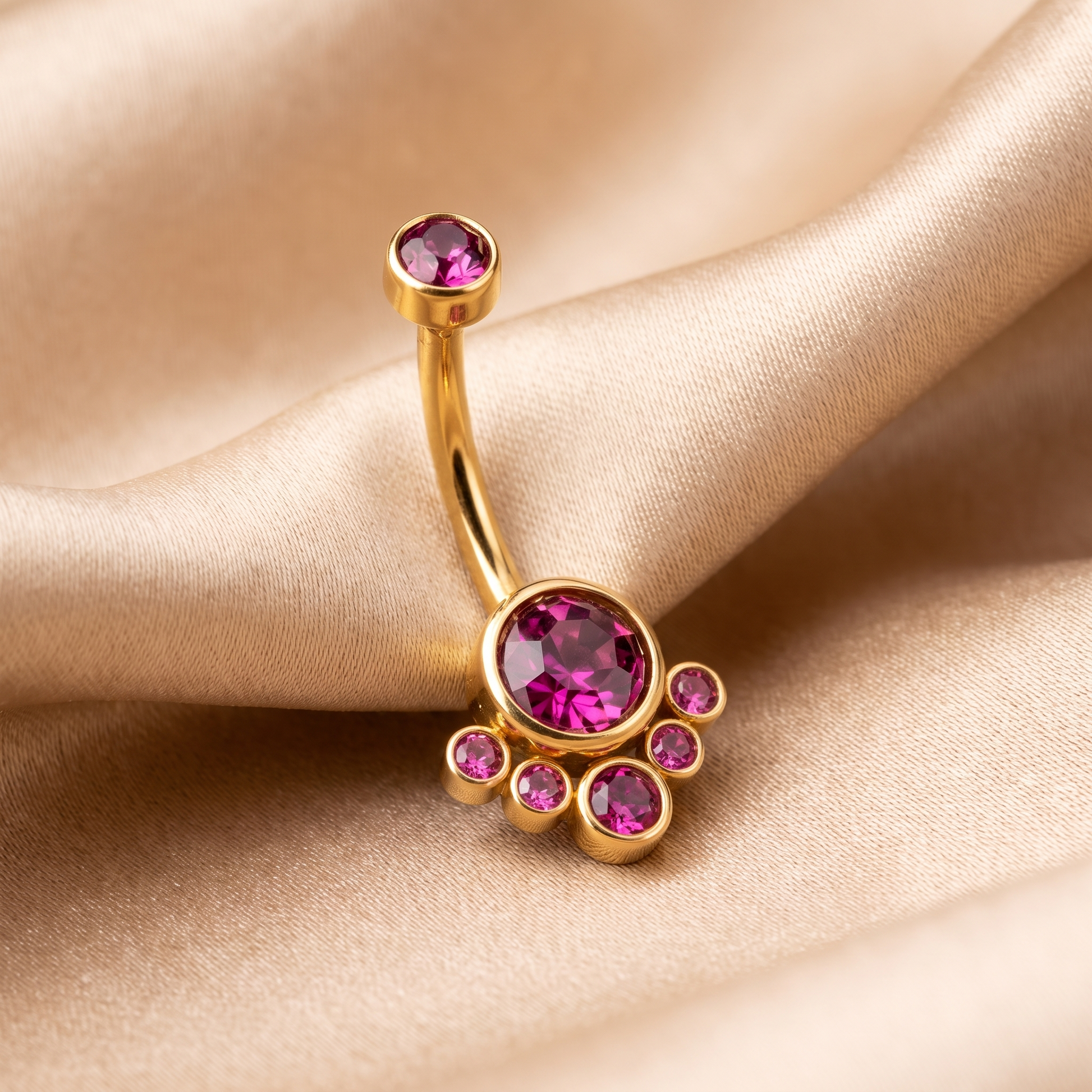 Crystal Solitaire belly button ring in gold purple on champagne satin — G23 titanium 14G